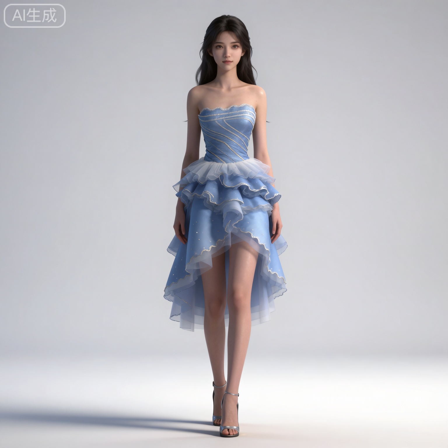 4K,masterpiece,high quality,tall,game cg,highres,(soft light:1.2),(white_skin:0.6),(shiny_skin:0.6),(realistic:1.1),lvjing,
black hair,long hair,brown eyes,fair_skin,mumu blue dress, 
mumu blue dress, mumu strapless dress, mumu frills dress, 1girl, solo, high heels, brown hair, long hair, white background, bare shoulders, simple background, standing, realistic, sandals, full body, photorealistic