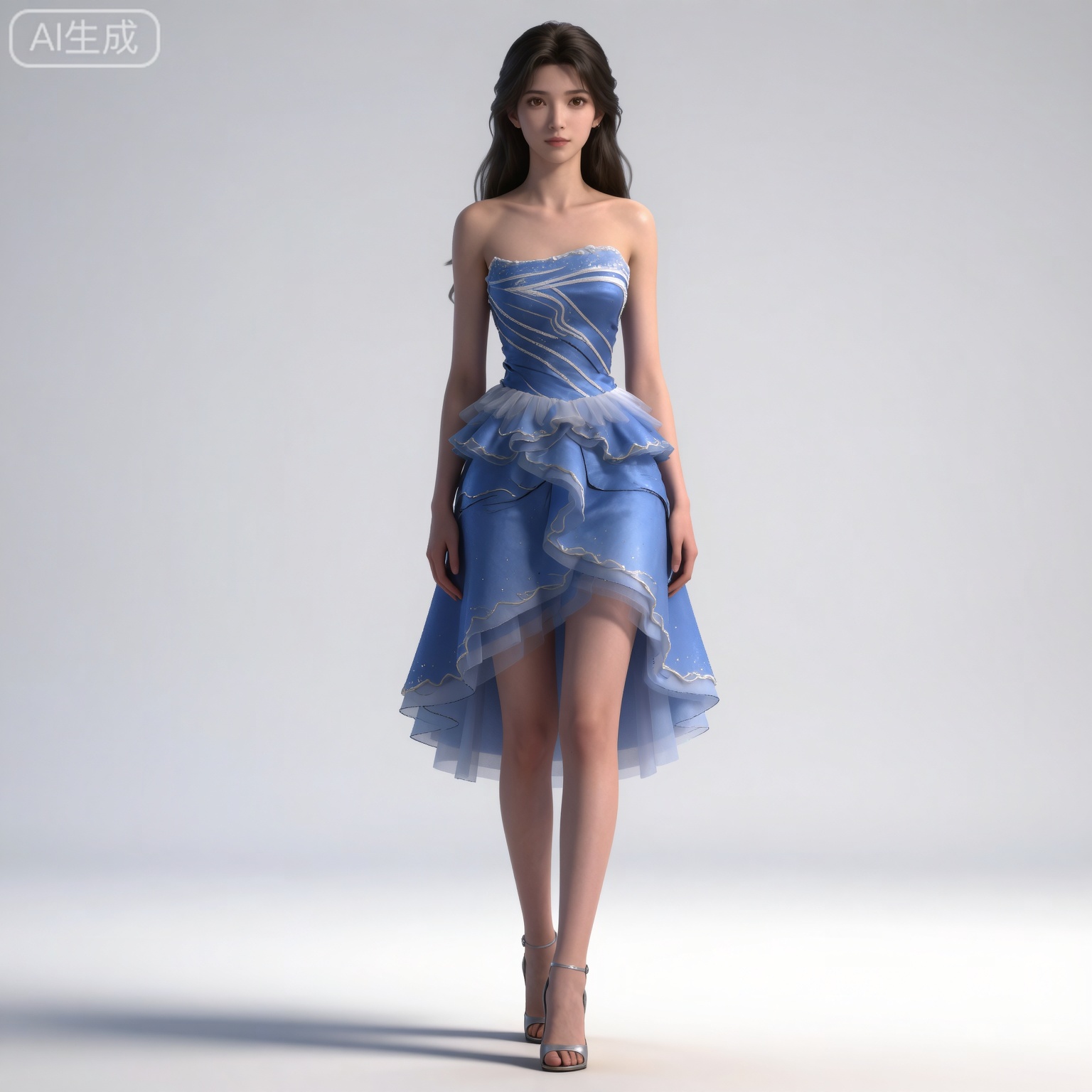 4K,masterpiece,high quality,tall,game cg,highres,(soft light:1.2),(white_skin:0.6),(shiny_skin:0.6),(realistic:1.1),lvjing,
black hair,long hair,brown eyes,fair_skin,mumu blue dress, 
mumu blue dress, mumu strapless dress, mumu frills dress, 1girl, solo, high heels, brown hair, long hair, white background, bare shoulders, simple background, standing, realistic, sandals, full body, photorealistic