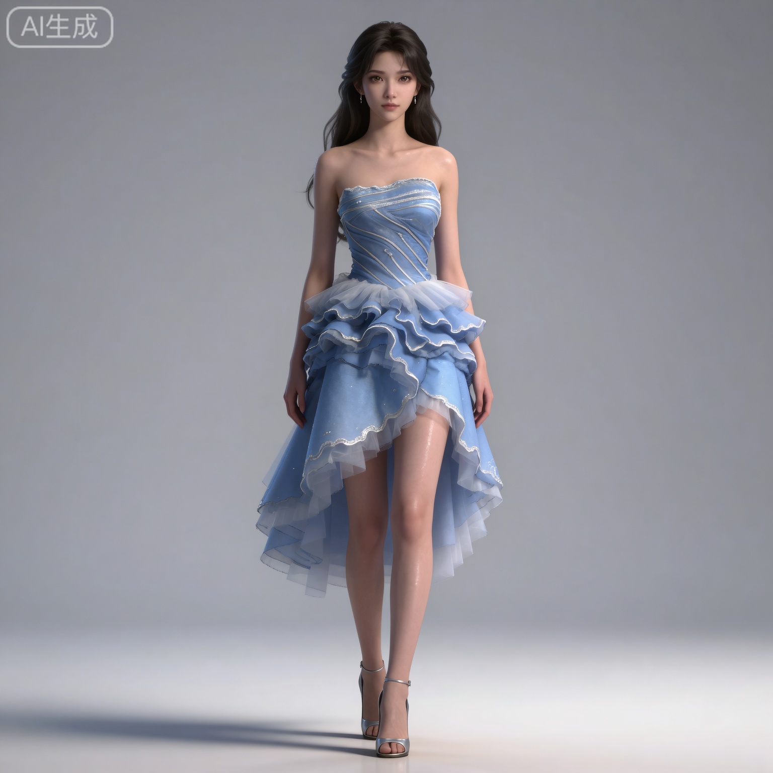4K,masterpiece,high quality,tall,game cg,highres,(soft light:1.2),(white_skin:0.6),(shiny_skin:0.6),(realistic:1.1),lvjing,
black hair,long hair,brown eyes,fair_skin,mumu blue dress, 
mumu blue dress, mumu strapless dress, mumu frills dress, 1girl, solo, high heels, brown hair, long hair, white background, bare shoulders, simple background, standing, realistic, sandals, full body, photorealistic