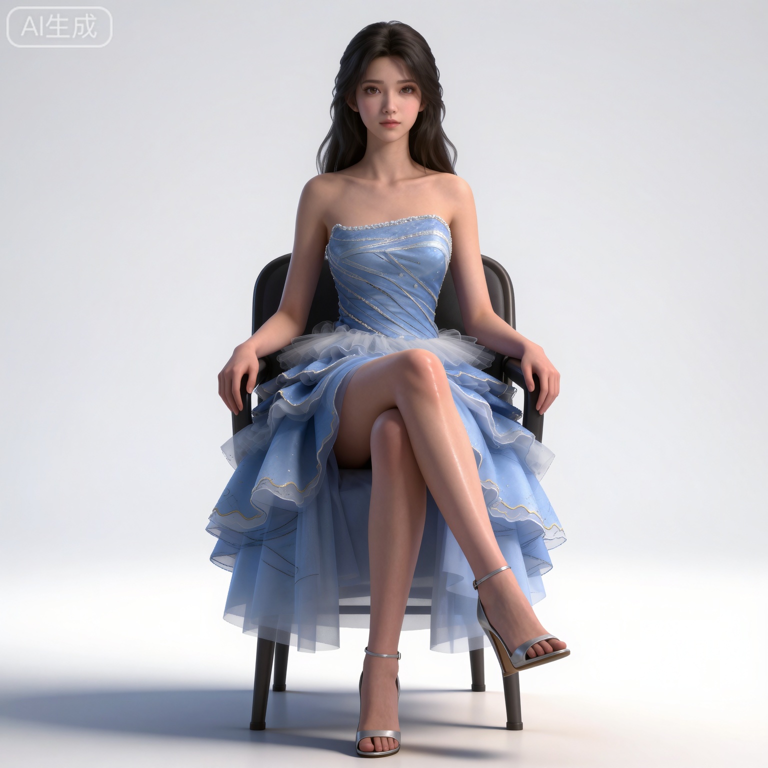4K,masterpiece,high quality,tall,game cg,highres,(soft light:1.2),(white_skin:0.6),(shiny_skin:0.6),(realistic:1.1),lvjing,
black hair,long hair,brown eyes,fair_skin,mumu blue dress, 
mumu blue dress, mumu strapless dress, mumu frills dress, 1girl, solo, high heels, sitting, crossed legs, long hair, brown hair, bare shoulders, chair, white background, simple background, toes, collarbone, feet, strappy heels, legs, sandals, realistic, full body, toenails