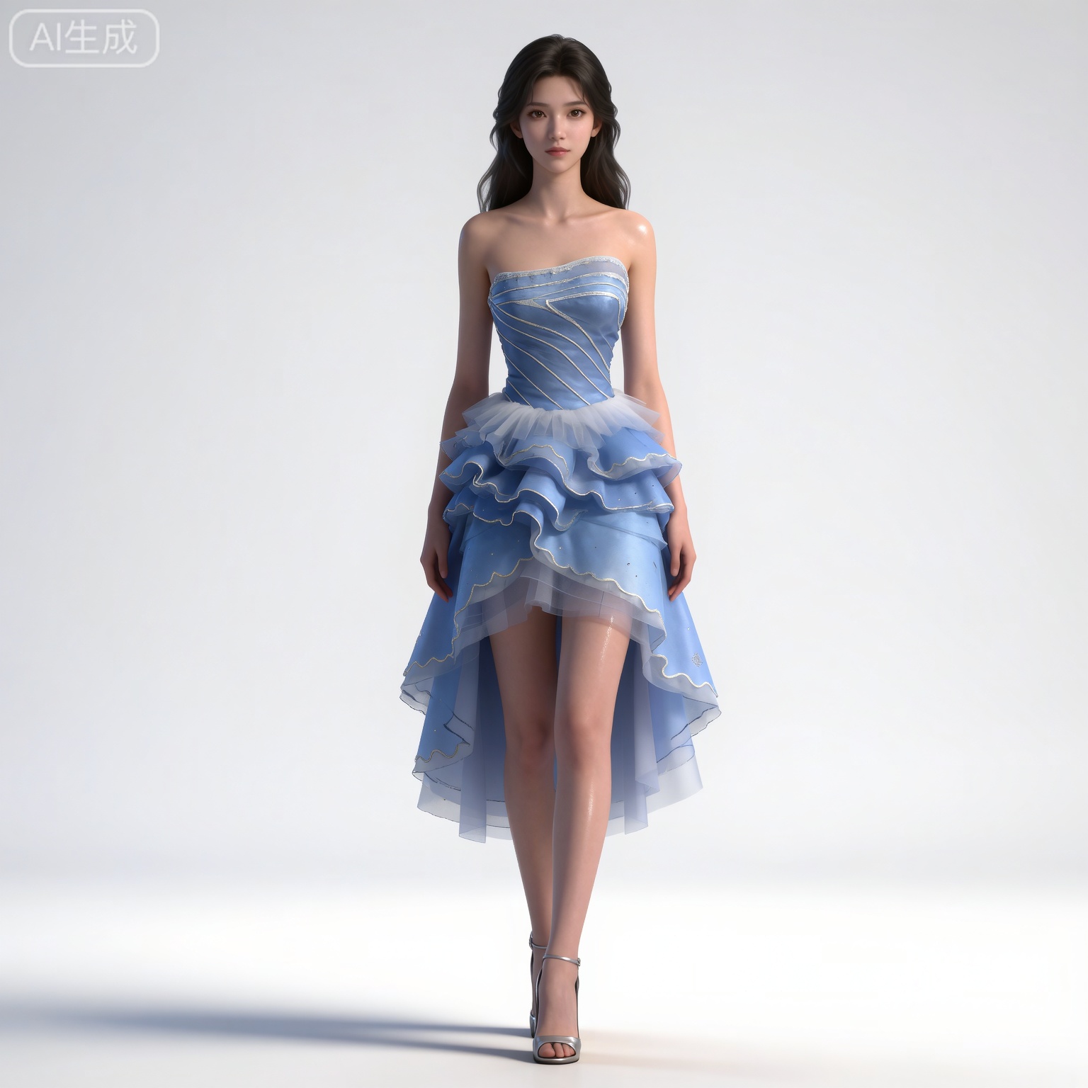 4K,masterpiece,high quality,tall,game cg,highres,(soft light:1.2),(white_skin:0.6),(shiny_skin:0.6),(realistic:1.1),lvjing,
black hair,long hair,brown eyes,fair_skin,mumu blue dress, 
mumu blue dress, mumu strapless dress, mumu frills dress, 1girl, solo, bare shoulders, brown hair, long hair, white background, high heels, simple background, standing, full body, arms at sides, sandals, collarbone, see-through,