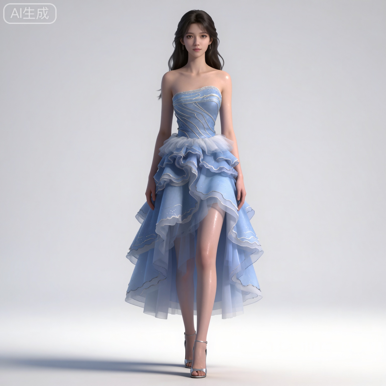 4K,masterpiece,high quality,tall,game cg,highres,(soft light:1.2),(white_skin:0.6),(shiny_skin:0.6),(realistic:1.1),lvjing,
black hair,long hair,brown eyes,fair_skin,mumu blue dress, 
mumu blue dress, mumu strapless dress, mumu frills dress, 1girl, solo, bare shoulders, brown hair, long hair, white background, high heels, simple background, standing, full body, arms at sides, sandals, collarbone, see-through,