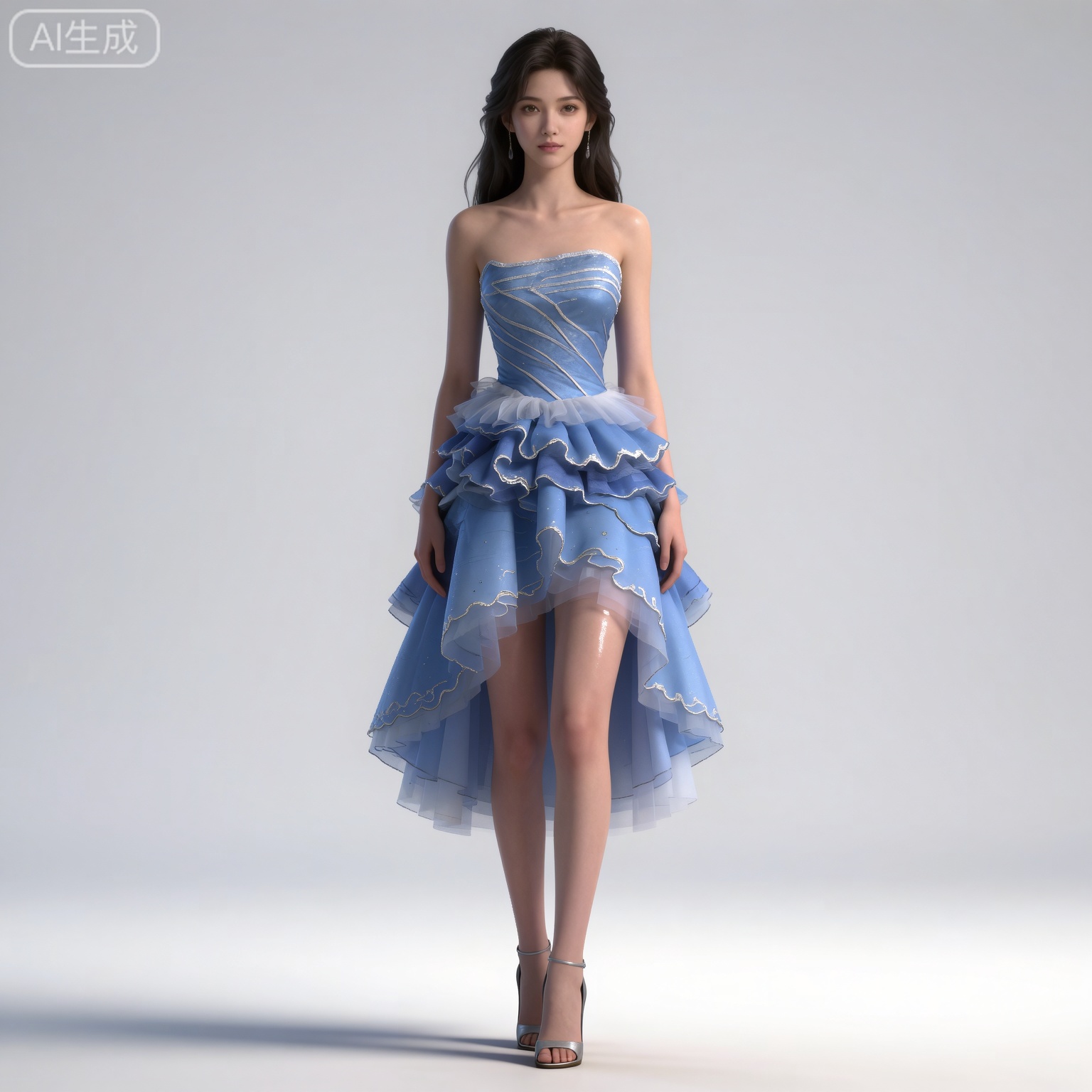 4K,masterpiece,high quality,tall,game cg,highres,(soft light:1.2),(white_skin:0.6),(shiny_skin:0.6),(realistic:1.1),lvjing,
black hair,long hair,brown eyes,fair_skin,mumu blue dress, 
mumu blue dress, mumu strapless dress, mumu frills dress, 1girl, solo, high heels, brown hair, long hair, white background, bare shoulders, simple background, standing, realistic, sandals, full body, photorealistic