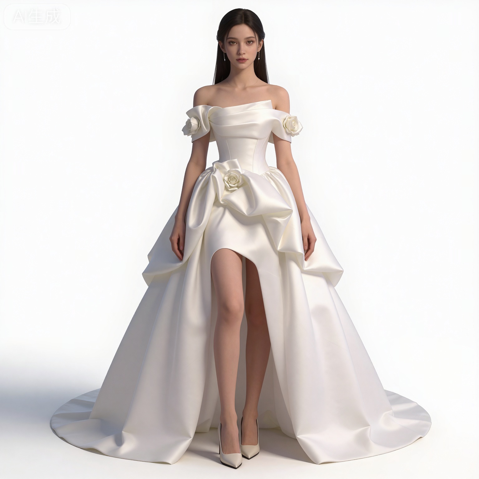 masterpiece,high quality,tall,game cg,highres,(soft light:1.2),(white_skin:0.6),(shiny_skin:0.6),(realistic:1.1),lvjing,
black hair,long hair,brown eyes,fair_skin,
clothes:mumu white dress, mumu off-shoulder dress, mumu wedding dress, 1girl, solo, white background, simple background, bare shoulders, off shoulder, full body, flower, white footwear, white rose, collarbone, rose, standing, arms at sides, breasts, white flower