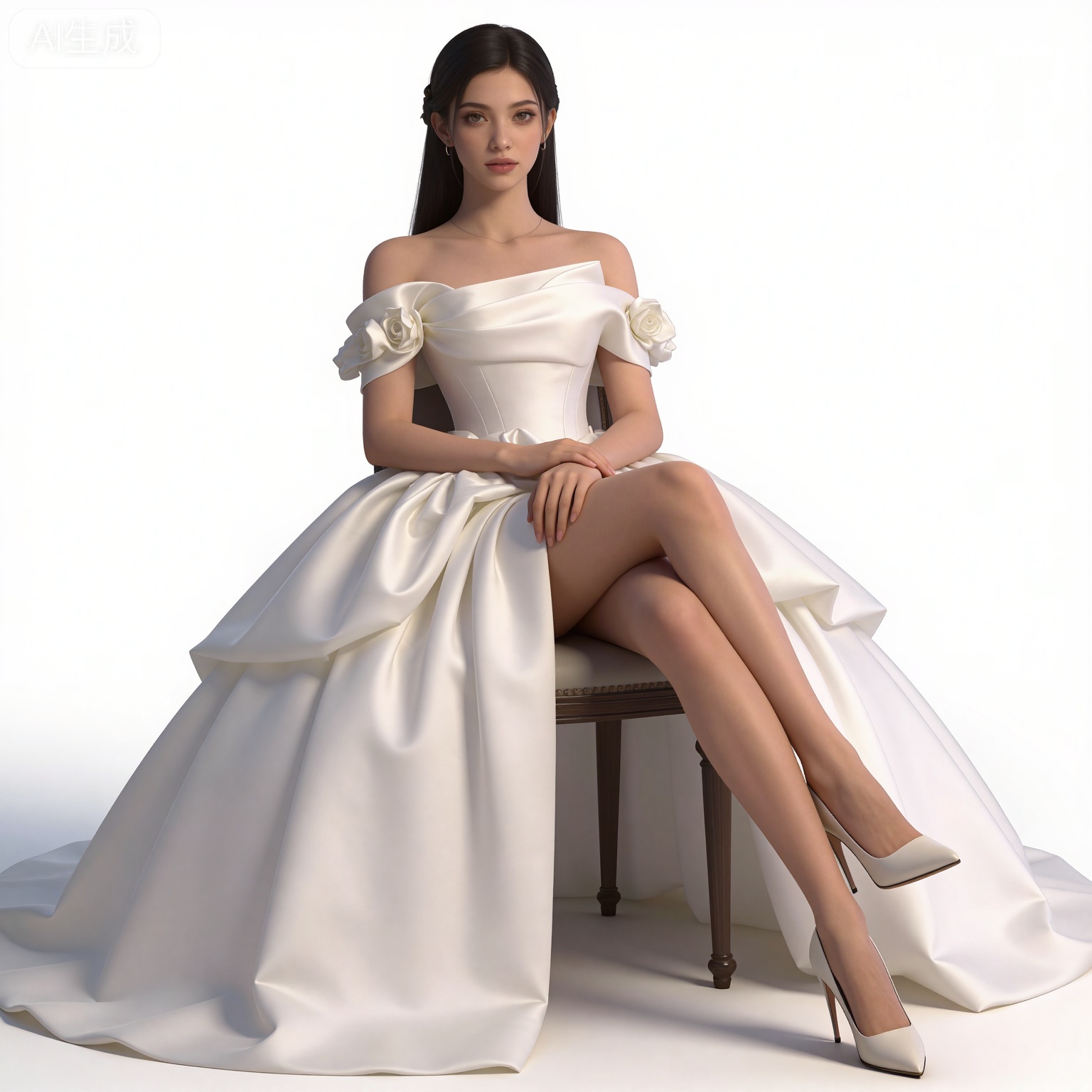 masterpiece,high quality,tall,game cg,highres,(soft light:1.2),(white_skin:0.6),(shiny_skin:0.6),(realistic:1.1),lvjing,
black hair,long hair,brown eyes,fair_skin,
clothes:mumu white dress, mumu off-shoulder dress, mumu wedding dress, 1girl, solo, high heels, sitting, crossed legs, white footwear, bare shoulders, off shoulder, white background,dark-skinned female, chair, simple background, dark skin, flower, full body, hand on own face, white rose, collarbone, lips, white flower