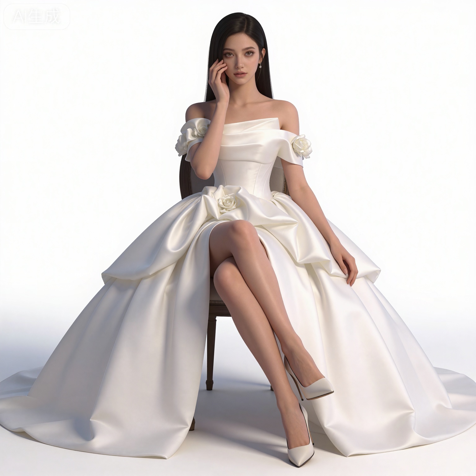 masterpiece,high quality,tall,game cg,highres,(soft light:1.2),(white_skin:0.6),(shiny_skin:0.6),(realistic:1.1),lvjing,
black hair,long hair,brown eyes,fair_skin,
clothes:mumu white dress, mumu off-shoulder dress, mumu wedding dress, 1girl, solo, high heels, sitting, crossed legs, white footwear, bare shoulders, off shoulder, white background,dark-skinned female, chair, simple background, dark skin, flower, full body, hand on own face, white rose, collarbone, lips, white flower