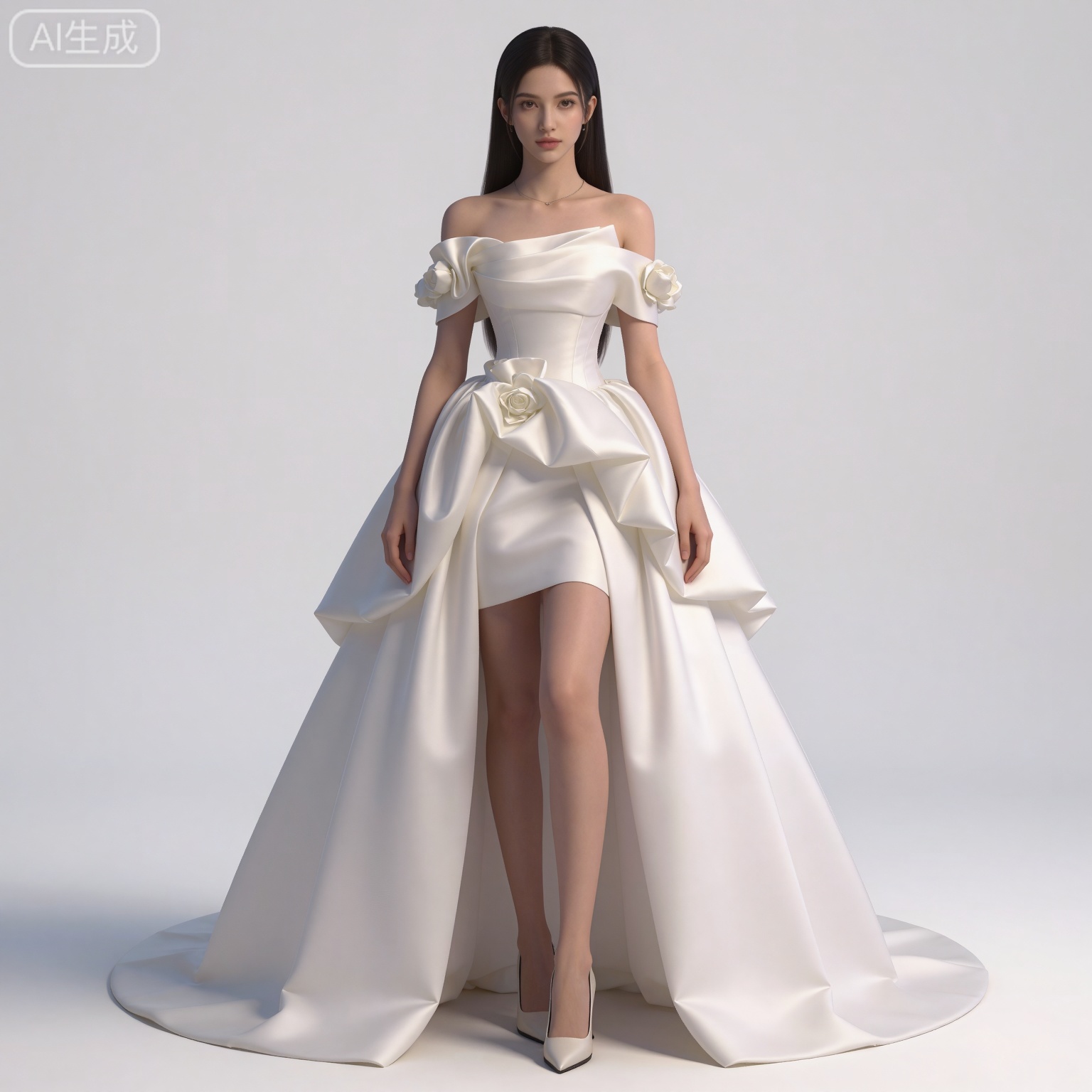 masterpiece,high quality,tall,game cg,highres,(soft light:1.2),(white_skin:0.6),(shiny_skin:0.6),(realistic:1.1),lvjing,
black hair,long hair,brown eyes,fair_skin,
clothes:mumu white dress, mumu off-shoulder dress, mumu wedding dress, 1girl, solo, white background, simple background, bare shoulders, off shoulder, full body, flower, white footwear, white rose, collarbone, rose, standing, arms at sides, breasts, white flower