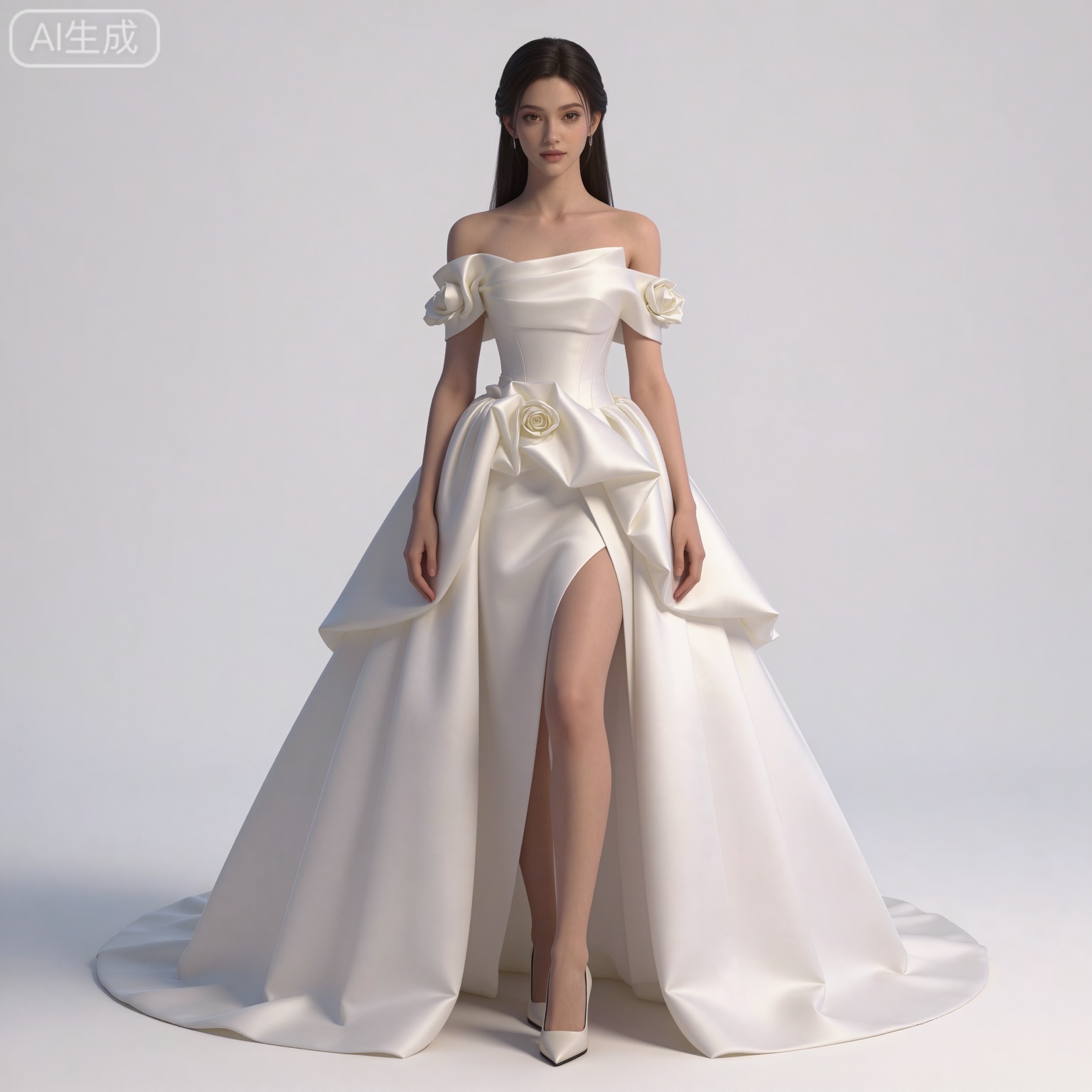 masterpiece,high quality,tall,game cg,highres,(soft light:1.2),(white_skin:0.6),(shiny_skin:0.6),(realistic:1.1),lvjing,
black hair,long hair,brown eyes,fair_skin,
clothes:mumu white dress, mumu off-shoulder dress, mumu wedding dress, 1girl, solo, white background, simple background, bare shoulders, off shoulder, full body, flower, white footwear, white rose, collarbone, rose, standing, arms at sides, breasts, white flower