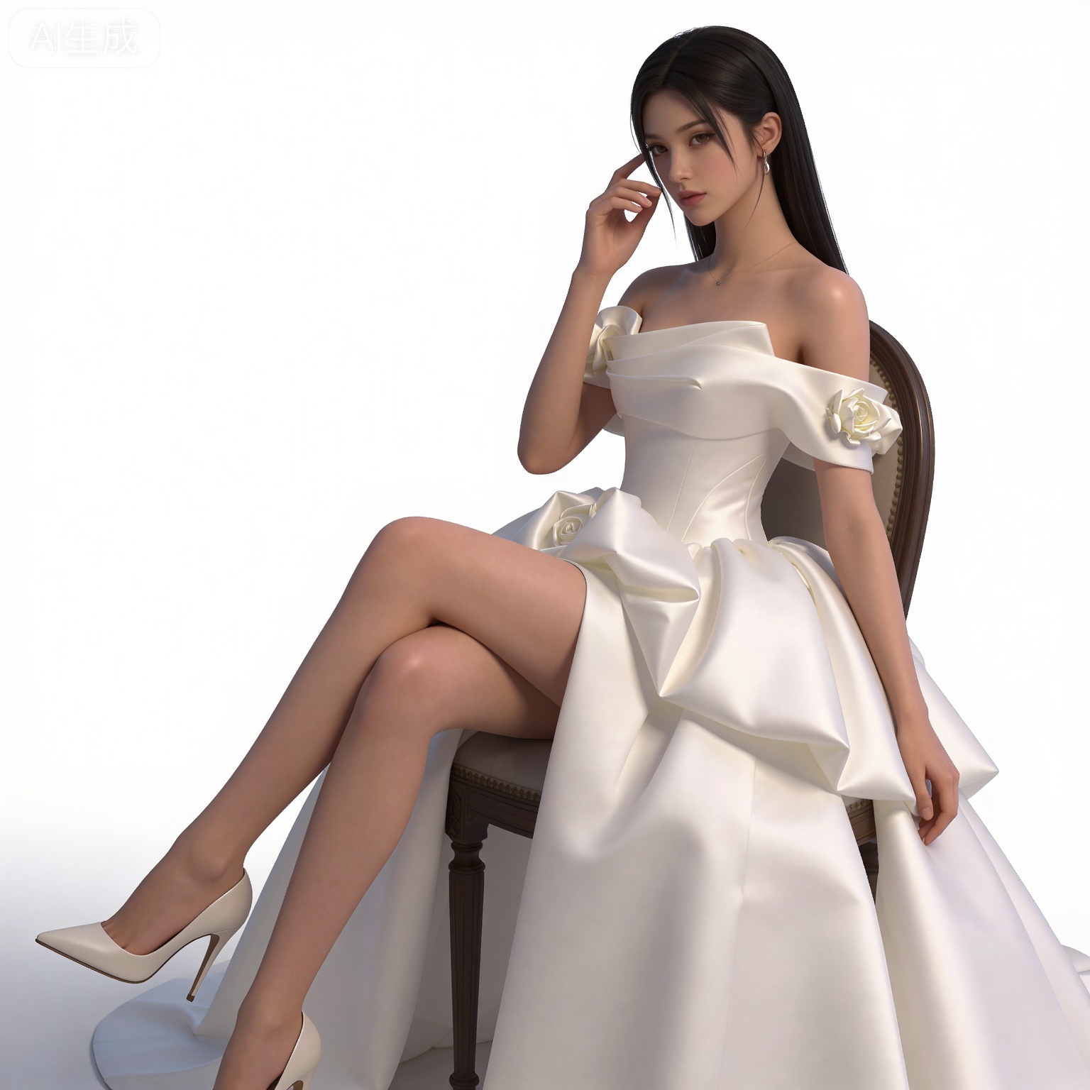masterpiece,high quality,tall,game cg,highres,(soft light:1.2),(white_skin:0.6),(shiny_skin:0.6),(realistic:1.1),lvjing,
black hair,long hair,brown eyes,fair_skin,
clothes:mumu white dress, mumu off-shoulder dress, mumu wedding dress, 1girl, solo, high heels, sitting, crossed legs, white footwear, bare shoulders, off shoulder, white background,dark-skinned female, chair, simple background, dark skin, flower, full body, hand on own face, white rose, collarbone, lips, white flower