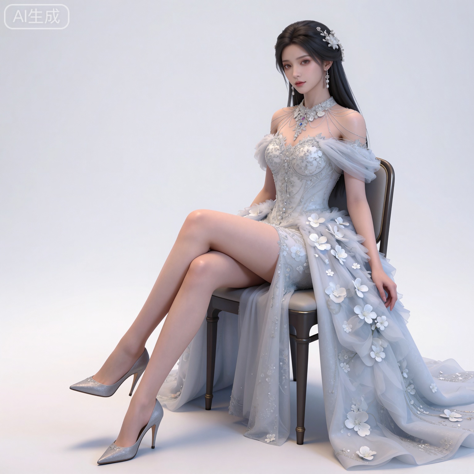 masterpiece,high quality,tall,game cg,highres,(soft light:1.2),(white_skin:0.6),(shiny_skin:0.6),(realistic:1.1),lvjing,
black hair,long hair,brown eyes,fair_skin,
mumu bridal veil, mumu white wedding dress, 1girl, solo, sitting, high heels, jewelry, crossed legs, earrings, full body, breasts, chair, flower, white background, simple background, looking at viewer, floral print, medium breasts, cleavage, grey footwear,侧面视角。