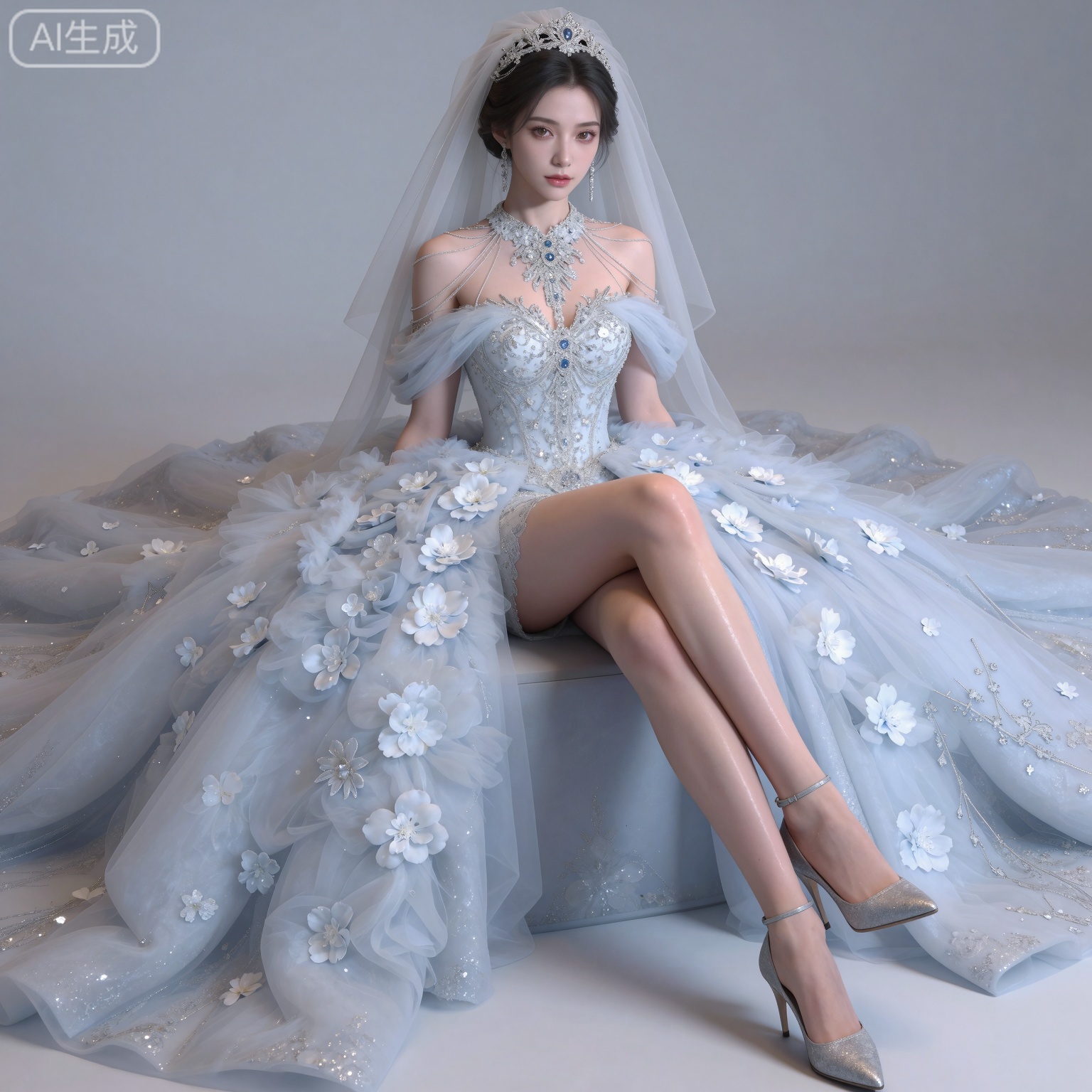 masterpiece,high quality,tall,game cg,highres,(soft light:1.2),(white_skin:0.6),(shiny_skin:0.6),(realistic:1.1),lvjing,
black hair,long hair,brown eyes,fair_skin,
mumu bridal veil, mumu white wedding dress, 1girl, solo, high heels, jewelry, crossed legs, earrings, full body, breasts, flower, white background, simple background, looking at viewer, floral print, medium breasts, cleavage, grey footwear,床,躺在床上,