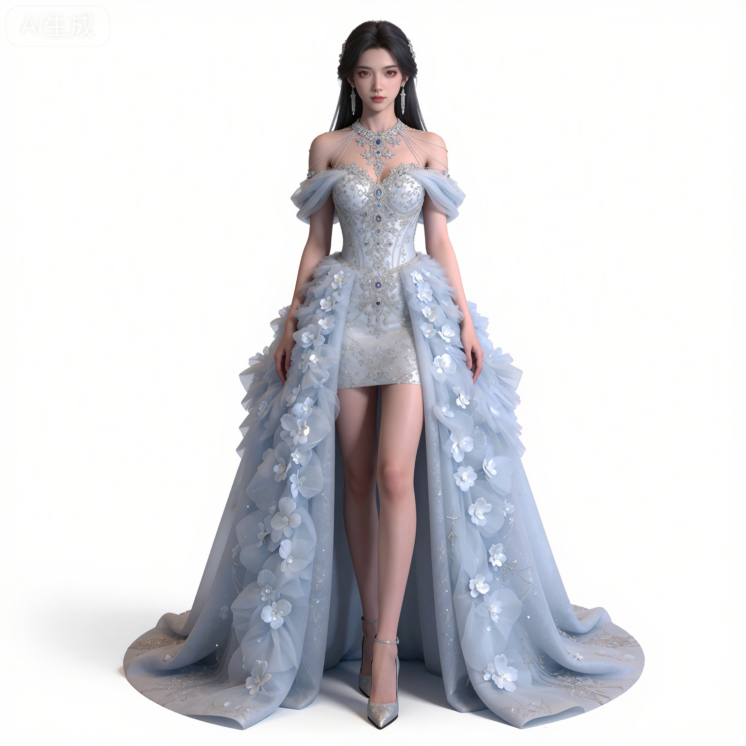 masterpiece,high quality,tall,game cg,highres,(soft light:1.2),(white_skin:0.6),(shiny_skin:0.6),(realistic:1.1),lvjing,
black hair,long hair,brown eyes,fair_skin,
mumu bridal veil, mumu white wedding dress, 1girl, solo, jewelry, full body, earrings, white background, standing, simple background, high heels, looking at viewer, bare shoulders, breasts, necklace, white footwear