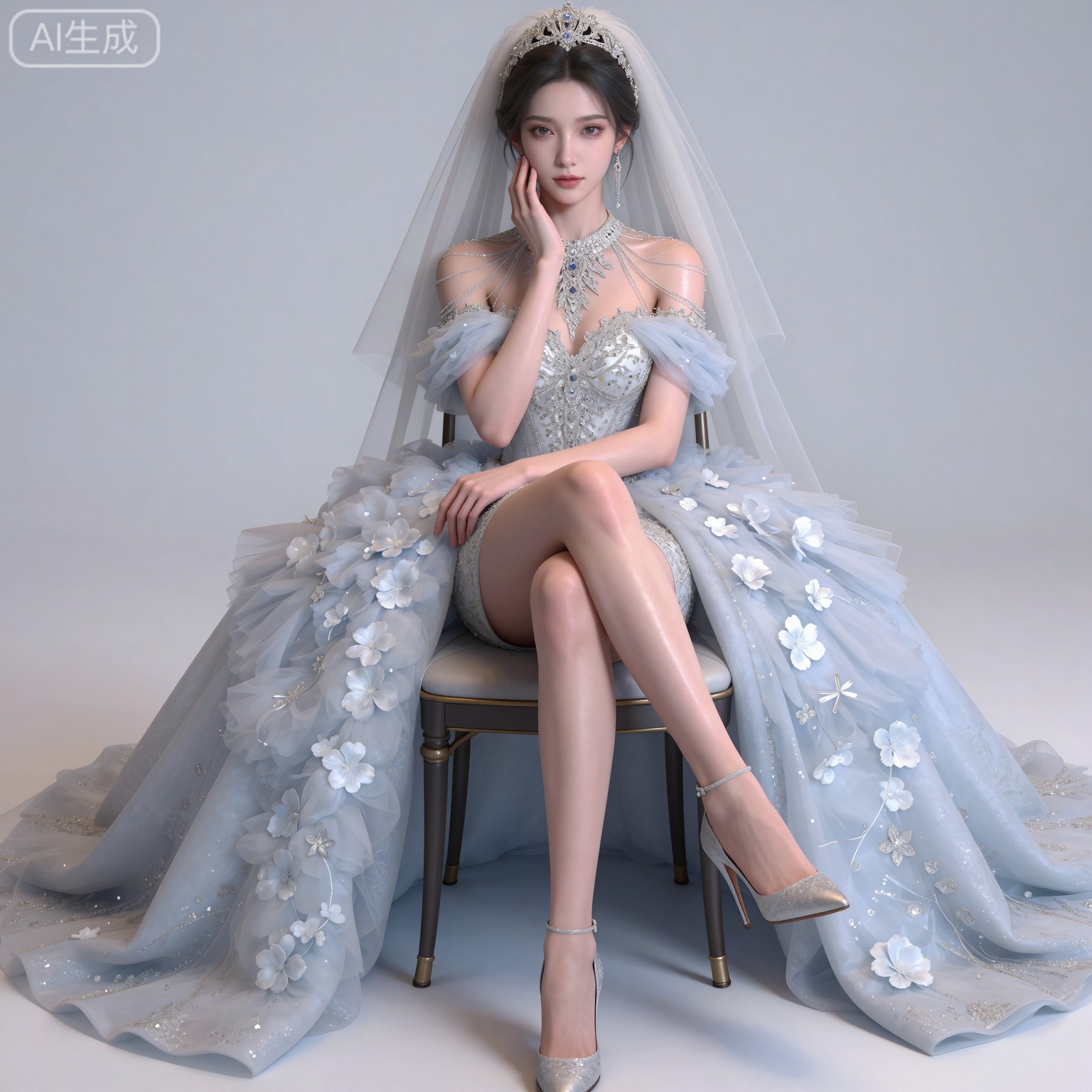 masterpiece,high quality,tall,game cg,highres,(soft light:1.2),(white_skin:0.6),(shiny_skin:0.6),(realistic:1.1),lvjing,
black hair,long hair,brown eyes,fair_skin,
mumu bridal veil, mumu white wedding dress, 1girl, solo, sitting, high heels, earrings, crossed legs, jewelry, white background,hand on own face, simple background, long hair, chair, white footwear, looking at viewer, full body, breasts, bare shoulders, hand on own cheek