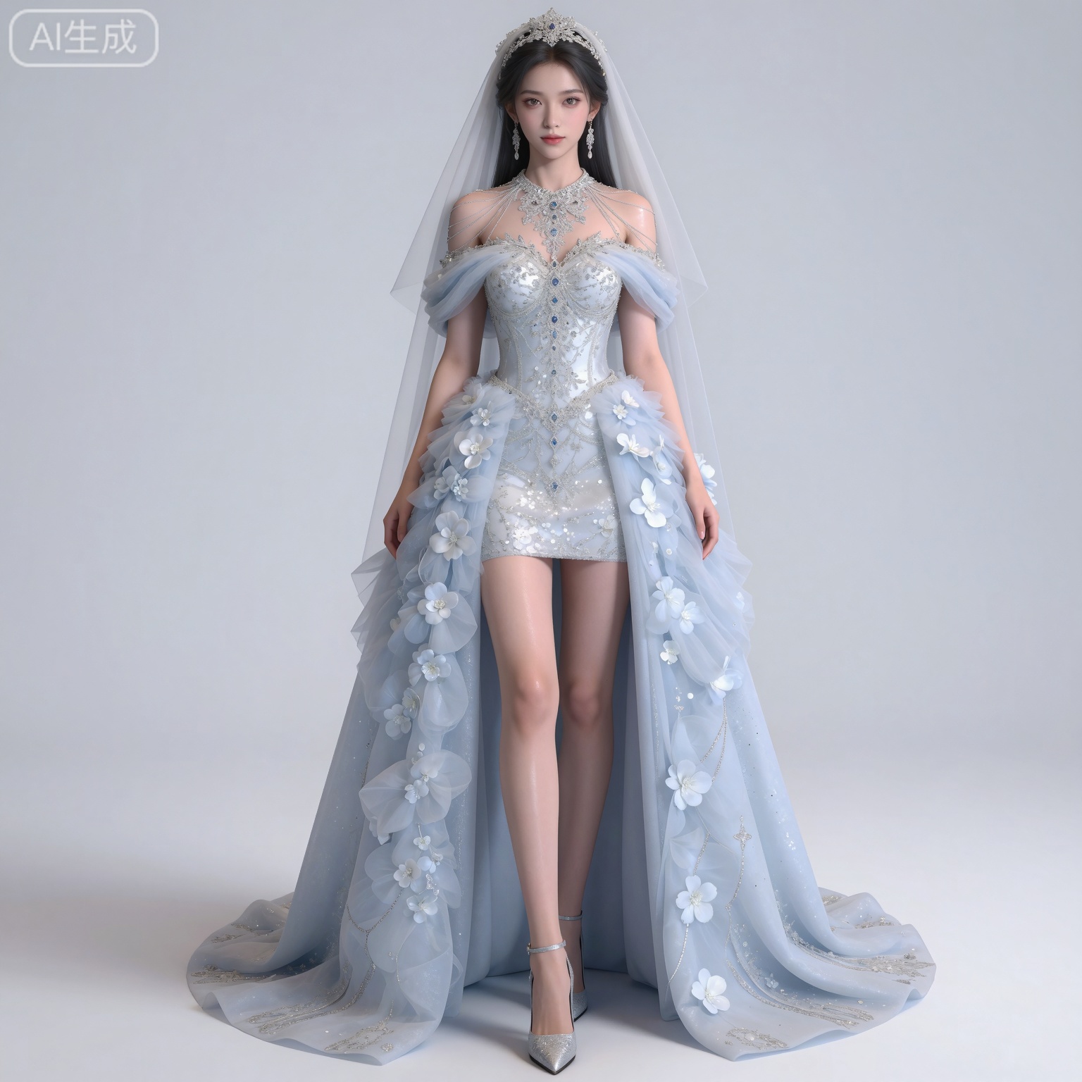 masterpiece,high quality,tall,game cg,highres,(soft light:1.2),(white_skin:0.6),(shiny_skin:0.6),(realistic:1.1),lvjing,
black hair,long hair,brown eyes,fair_skin,
mumu bridal veil, mumu white wedding dress, 1girl, solo, jewelry, full body, earrings, white background, standing, simple background, high heels, looking at viewer, bare shoulders, breasts, necklace, white footwear