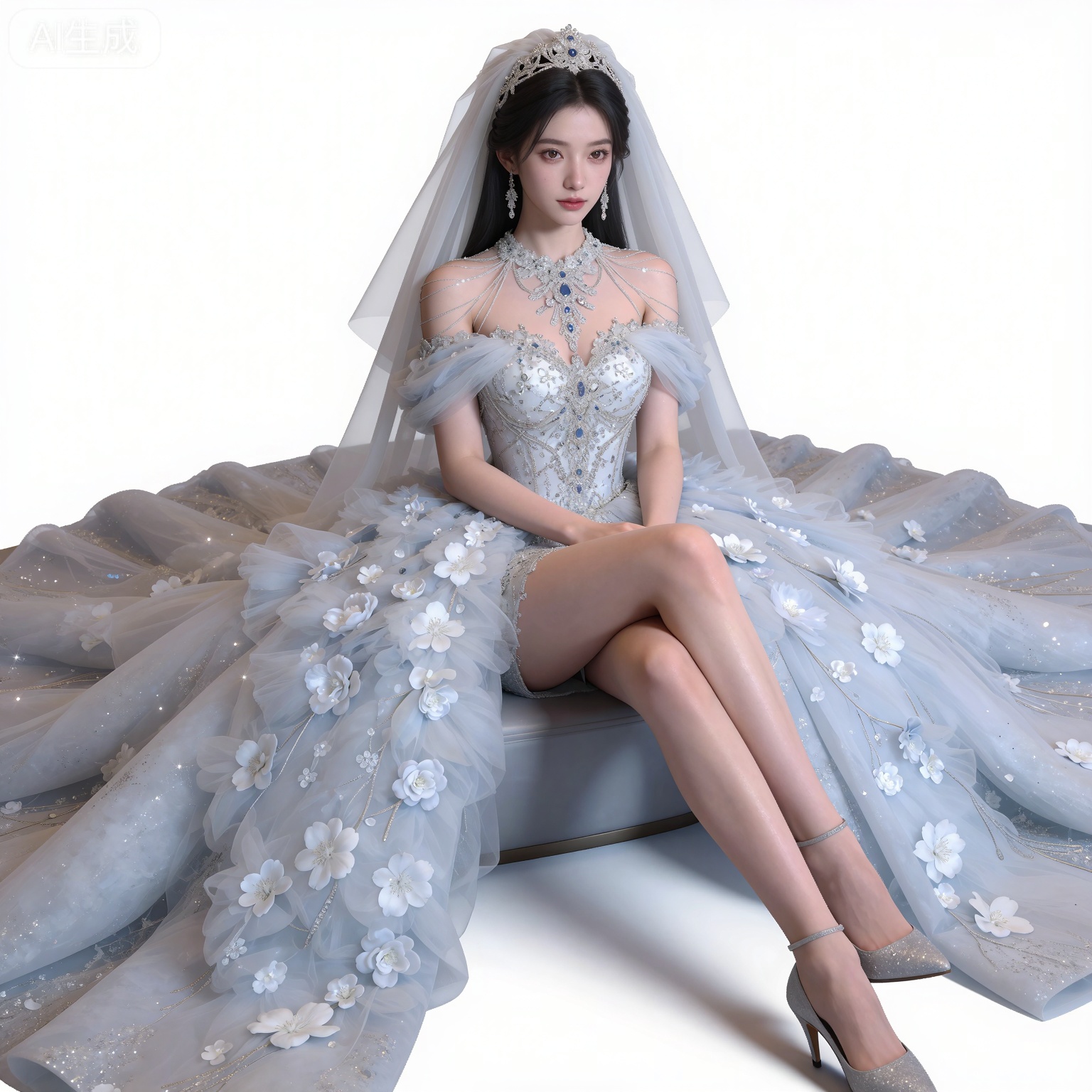 masterpiece,high quality,tall,game cg,highres,(soft light:1.2),(white_skin:0.6),(shiny_skin:0.6),(realistic:1.1),lvjing,
black hair,long hair,brown eyes,fair_skin,
mumu bridal veil, mumu white wedding dress, 1girl, solo, high heels, jewelry, crossed legs, earrings, full body, breasts, flower, white background, simple background, looking at viewer, floral print, medium breasts, cleavage, grey footwear,床,躺在床上,