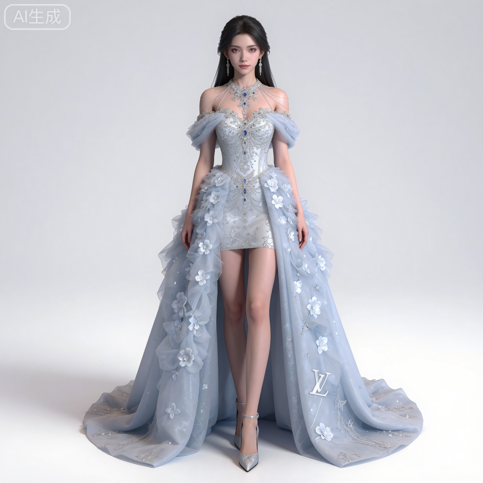 masterpiece,high quality,tall,game cg,highres,(soft light:1.2),(white_skin:0.6),(shiny_skin:0.6),(realistic:1.1),lvjing,
black hair,long hair,brown eyes,fair_skin,
mumu bridal veil, mumu white wedding dress, 1girl, solo, jewelry, full body, earrings, white background, standing, simple background, high heels, looking at viewer, bare shoulders, breasts, necklace, white footwear