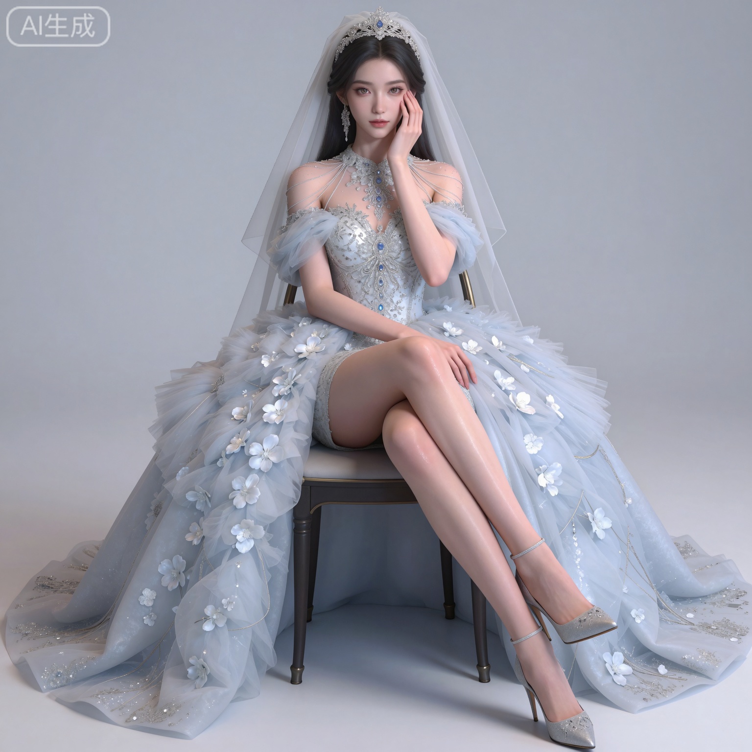 masterpiece,high quality,tall,game cg,highres,(soft light:1.2),(white_skin:0.6),(shiny_skin:0.6),(realistic:1.1),lvjing,
black hair,long hair,brown eyes,fair_skin,
mumu bridal veil, mumu white wedding dress, 1girl, solo, sitting, high heels, earrings, crossed legs, jewelry, white background,hand on own face, simple background, long hair, chair, white footwear, looking at viewer, full body, breasts, bare shoulders, hand on own cheek