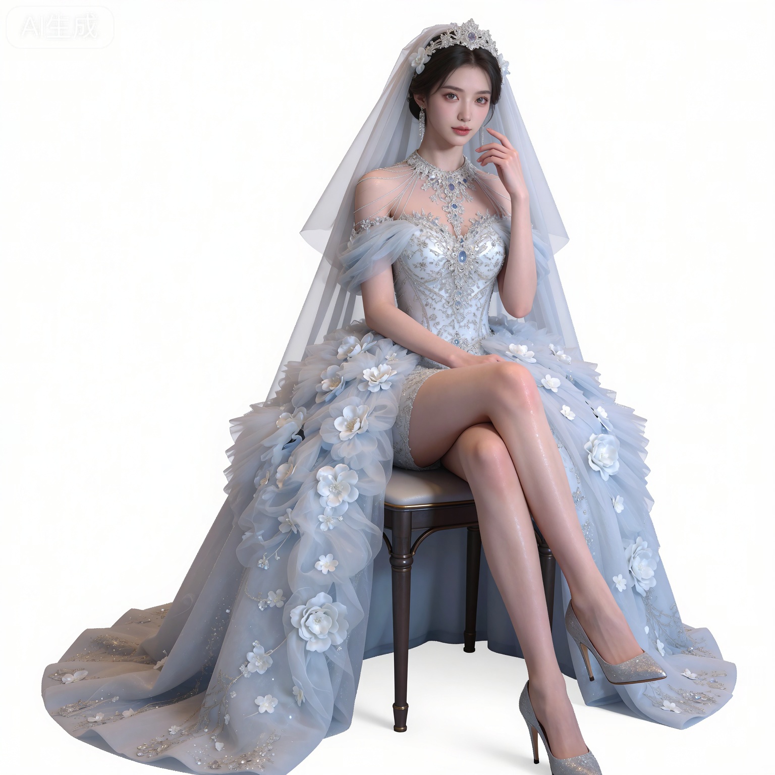 masterpiece,high quality,tall,game cg,highres,(soft light:1.2),(white_skin:0.6),(shiny_skin:0.6),(realistic:1.1),lvjing,
black hair,long hair,brown eyes,fair_skin,
mumu bridal veil, mumu white wedding dress, 1girl, solo, sitting, high heels, jewelry, crossed legs, earrings, full body, breasts, chair, flower, white background, simple background, looking at viewer, floral print, medium breasts, cleavage, grey footwear,侧面视角。