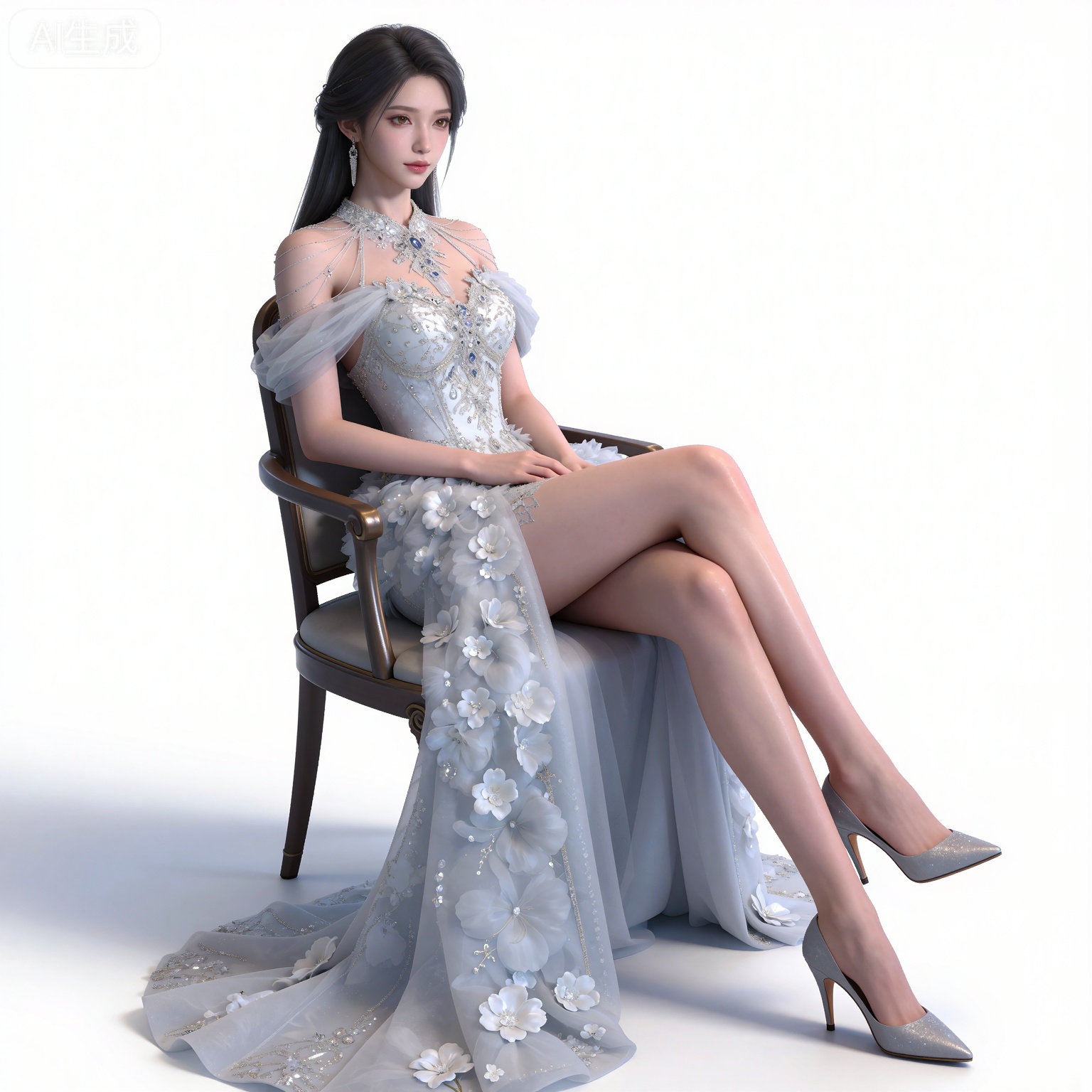 masterpiece,high quality,tall,game cg,highres,(soft light:1.2),(white_skin:0.6),(shiny_skin:0.6),(realistic:1.1),lvjing,
black hair,long hair,brown eyes,fair_skin,
mumu bridal veil, mumu white wedding dress, 1girl, solo, sitting, high heels, jewelry, crossed legs, earrings, full body, breasts, chair, flower, white background, simple background, looking at viewer, floral print, medium breasts, cleavage, grey footwear,侧面视角。