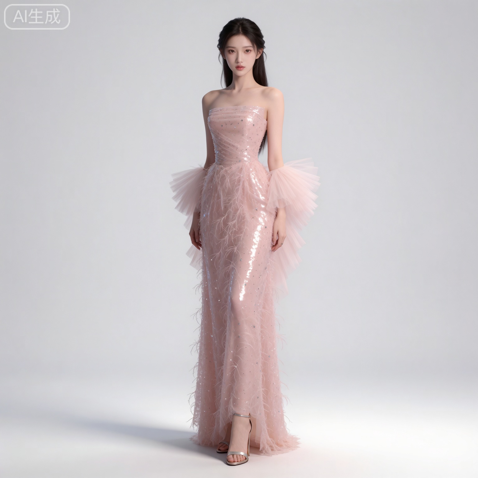masterpiece,high quality,tall,game cg,highres,(soft light:1.2),(white_skin:0.6),(shiny_skin:0.6),(realistic:1.1),lvjing,
black hair,long hair,brown eyes,fair_skin,
mumu pink dress, mumu strapless dress, 1girl, solo, high heels, bare shoulders, standing, white background, nail polish, simple background, toenails, full body, see-through, short hair, collarbone, realistic, sandals, toenail polish