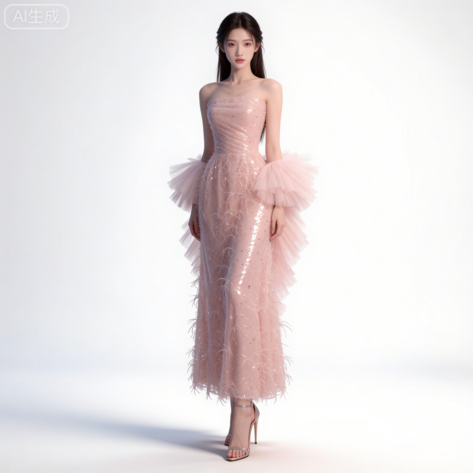 masterpiece,high quality,tall,game cg,highres,(soft light:1.2),(white_skin:0.6),(shiny_skin:0.6),(realistic:1.1),lvjing,
black hair,long hair,brown eyes,fair_skin,
mumu pink dress, mumu strapless dress, 1girl, solo, high heels, bare shoulders, standing, white background, nail polish, simple background, toenails, full body, see-through, short hair, collarbone, realistic, sandals, toenail polish