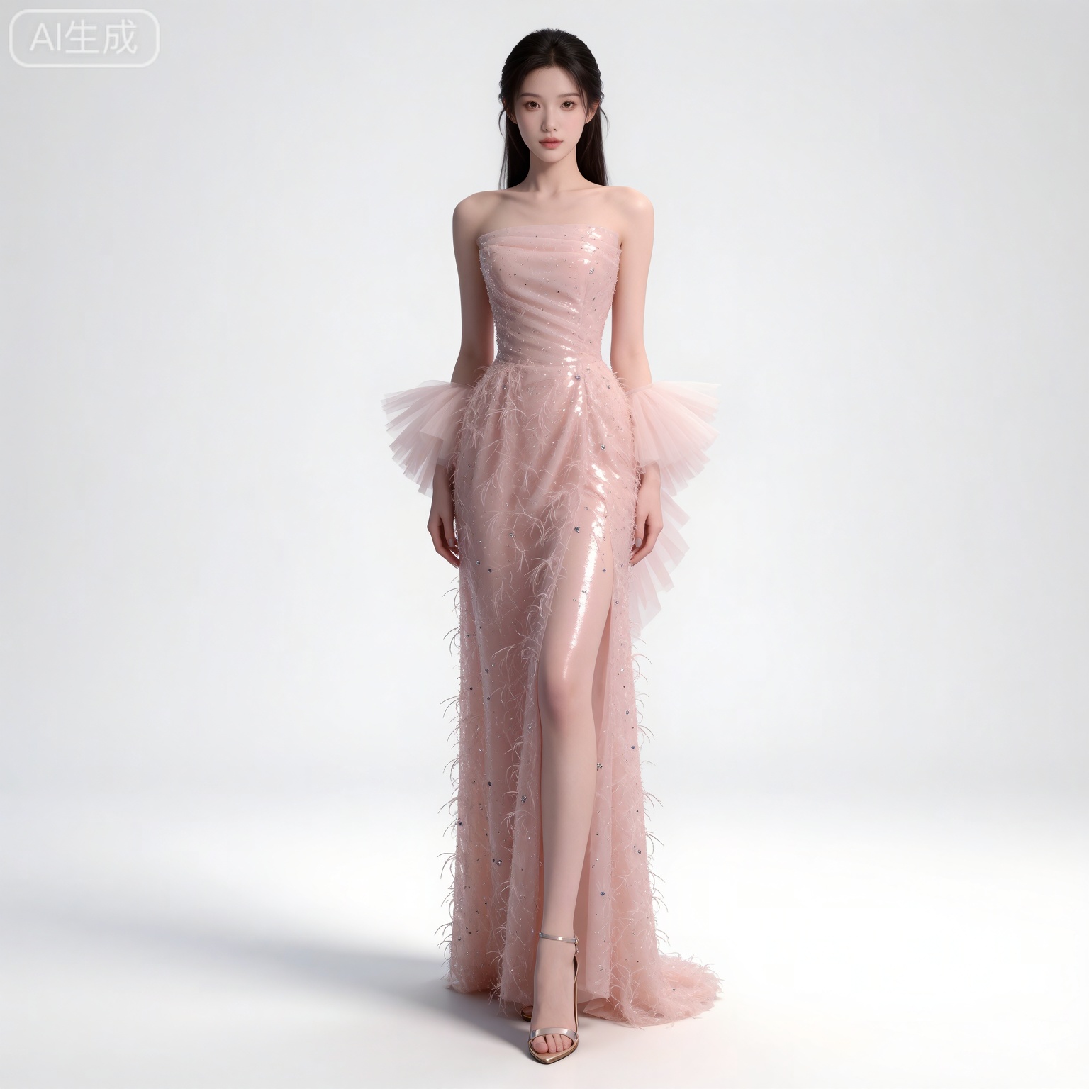 masterpiece,high quality,tall,game cg,highres,(soft light:1.2),(white_skin:0.6),(shiny_skin:0.6),(realistic:1.1),lvjing,
black hair,long hair,brown eyes,fair_skin,
mumu pink dress, mumu strapless dress, 1girl, solo, high heels, bare shoulders, standing, white background, nail polish, simple background, toenails, full body, see-through, short hair, collarbone, realistic, sandals, toenail polish