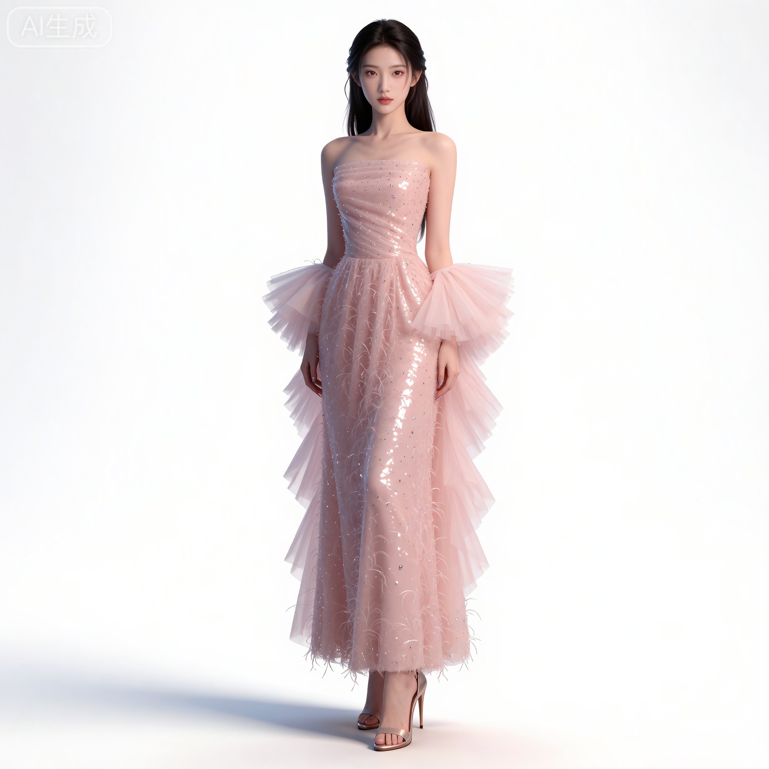 masterpiece,high quality,tall,game cg,highres,(soft light:1.2),(white_skin:0.6),(shiny_skin:0.6),(realistic:1.1),lvjing,
black hair,long hair,brown eyes,fair_skin,
mumu pink dress, mumu strapless dress, 1girl, solo, high heels, bare shoulders, standing, white background, nail polish, simple background, toenails, full body, see-through, short hair, collarbone, realistic, sandals, toenail polish