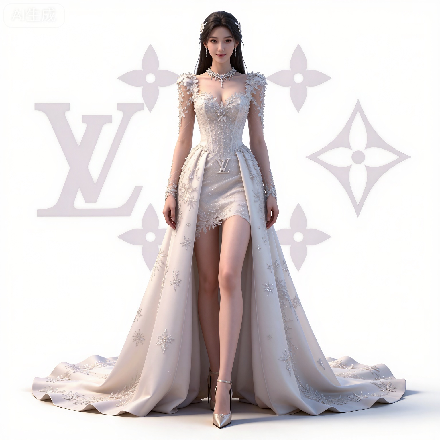 masterpiece,high quality,tall,game cg,highres,(soft light:1.2),(white_skin:0.6),(shiny_skin:0.6),(realistic:1.1),lvjing,
black hair,long hair,brown eyes,fair_skin,
mumu white dress, mumu wedding dress, mumu bridal veil, mumu long dress, mumu skirt hold, mumu see through sleeves, 1girl, solo, breasts, cleavage, white background, full body, jewelry, medium breasts, white footwear, high heels,  standing, necklace, arms at sides, simple background, looking at viewer, realistic