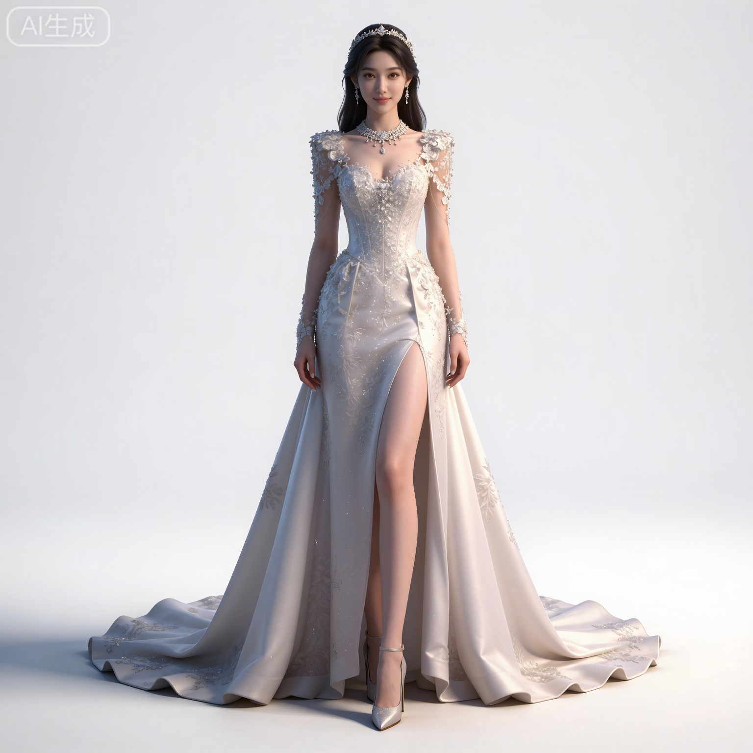 masterpiece,high quality,tall,game cg,highres,(soft light:1.2),(white_skin:0.6),(shiny_skin:0.6),(realistic:1.1),lvjing,
black hair,long hair,brown eyes,fair_skin,
mumu white dress, mumu wedding dress, mumu bridal veil, mumu long dress, mumu skirt hold, mumu see through sleeves, 1girl, solo, breasts, cleavage, white background, full body, jewelry, medium breasts, white footwear, high heels,  standing, necklace, arms at sides, simple background, looking at viewer, realistic,侧面视角,