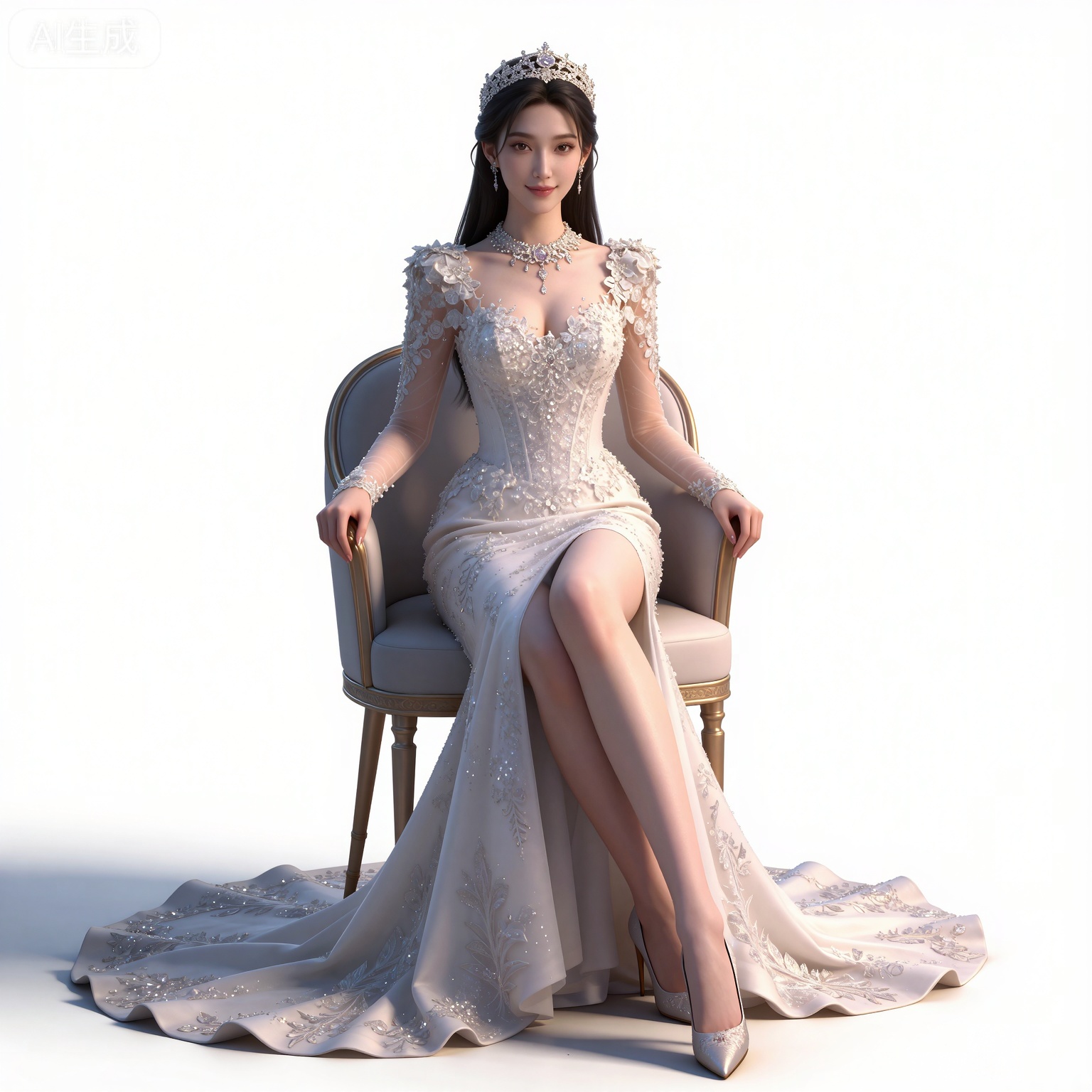 masterpiece,high quality,tall,game cg,highres,(soft light:1.2),(white_skin:0.6),(shiny_skin:0.6),(realistic:1.1),lvjing,
black hair,long hair,brown eyes,fair_skin,
mumu white dress, mumu wedding dress, mumu bridal veil, mumu long dress, mumu skirt hold, mumu see through sleeves, 1girl, solo, breasts, cleavage, white background, full body, jewelry, medium breasts, white footwear, high heels,   necklace, arms at sides, simple background, looking at viewer, realistic,坐,椅子,侧面视角,