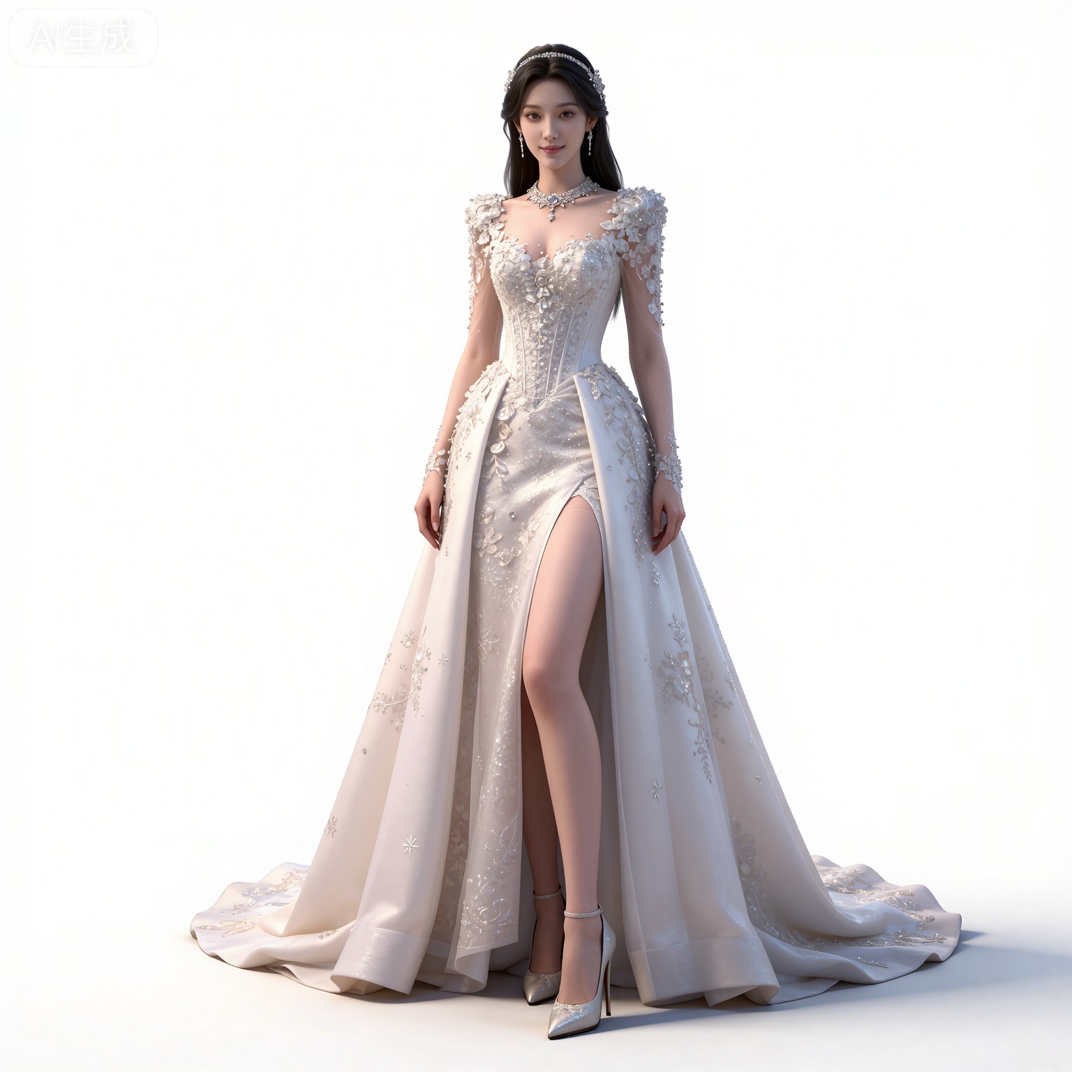 masterpiece,high quality,tall,game cg,highres,(soft light:1.2),(white_skin:0.6),(shiny_skin:0.6),(realistic:1.1),lvjing,
black hair,long hair,brown eyes,fair_skin,
mumu white dress, mumu wedding dress, mumu bridal veil, mumu long dress, mumu skirt hold, mumu see through sleeves, 1girl, solo, breasts, cleavage, white background, full body, jewelry, medium breasts, white footwear, high heels,  standing, necklace, arms at sides, simple background, looking at viewer, realistic,侧面视角,
