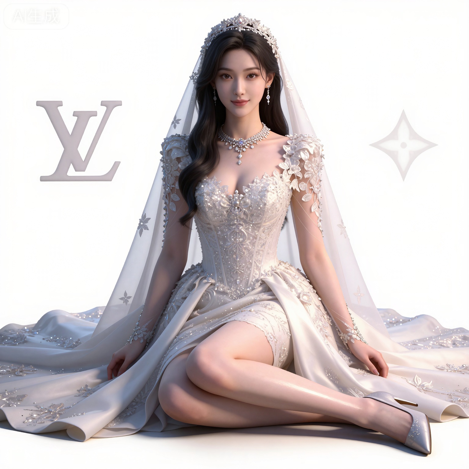 masterpiece,high quality,tall,game cg,highres,(soft light:1.2),(white_skin:0.6),(shiny_skin:0.6),(realistic:1.1),lvjing,
black hair,long hair,brown eyes,fair_skin,
mumu white dress, mumu wedding dress, mumu bridal veil, mumu long dress, mumu skirt hold, mumu see through sleeves, 1girl, solo, breasts, cleavage, white background, full body, jewelry, medium breasts, white footwear, high heels,   necklace, arms at sides, simple background, looking at viewer, realistic,坐,坐在地上,