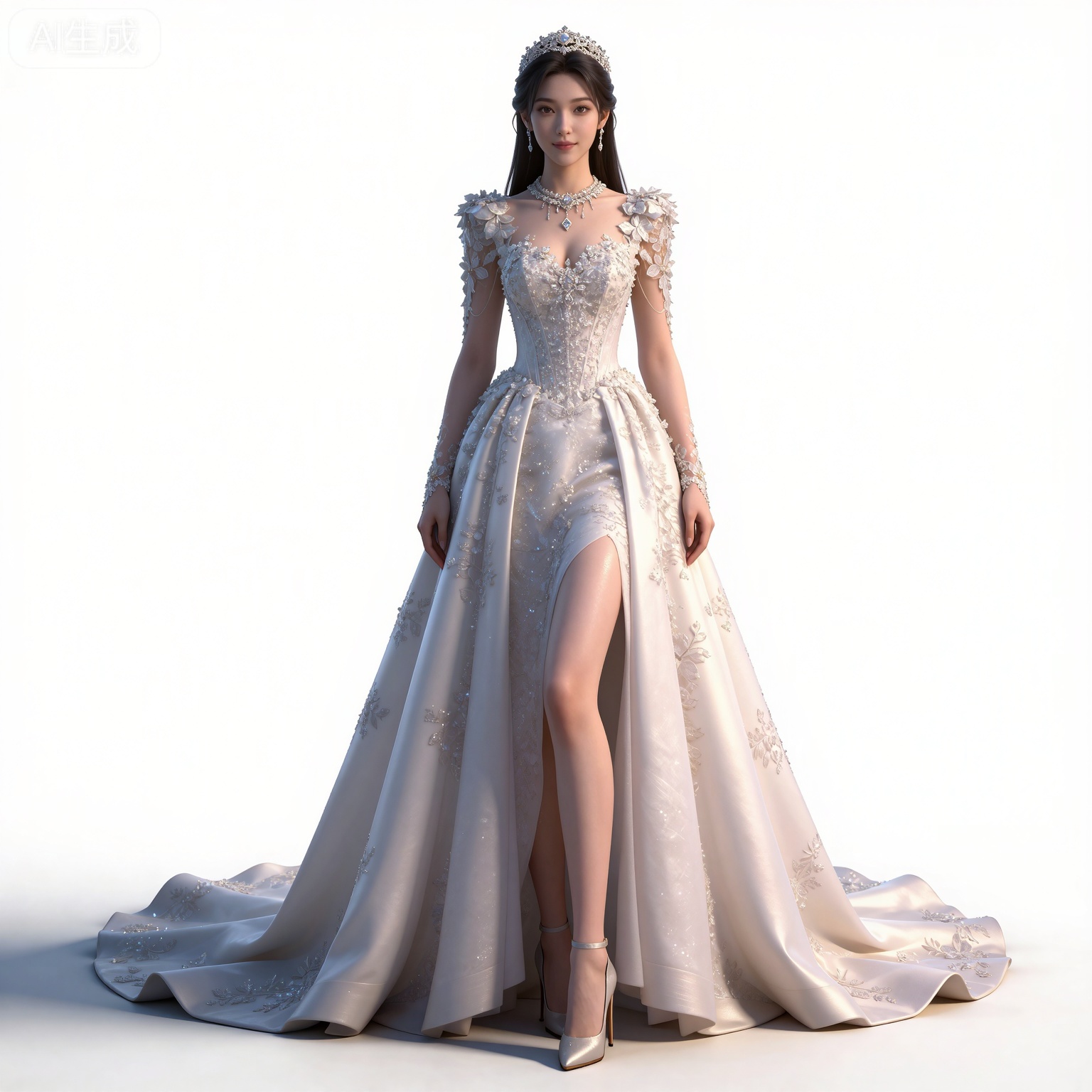 masterpiece,high quality,tall,game cg,highres,(soft light:1.2),(white_skin:0.6),(shiny_skin:0.6),(realistic:1.1),lvjing,
black hair,long hair,brown eyes,fair_skin,
mumu white dress, mumu wedding dress, mumu bridal veil, mumu long dress, mumu skirt hold, mumu see through sleeves, 1girl, solo, breasts, cleavage, white background, full body, jewelry, medium breasts, white footwear, high heels,  standing, necklace, arms at sides, simple background, looking at viewer, realistic