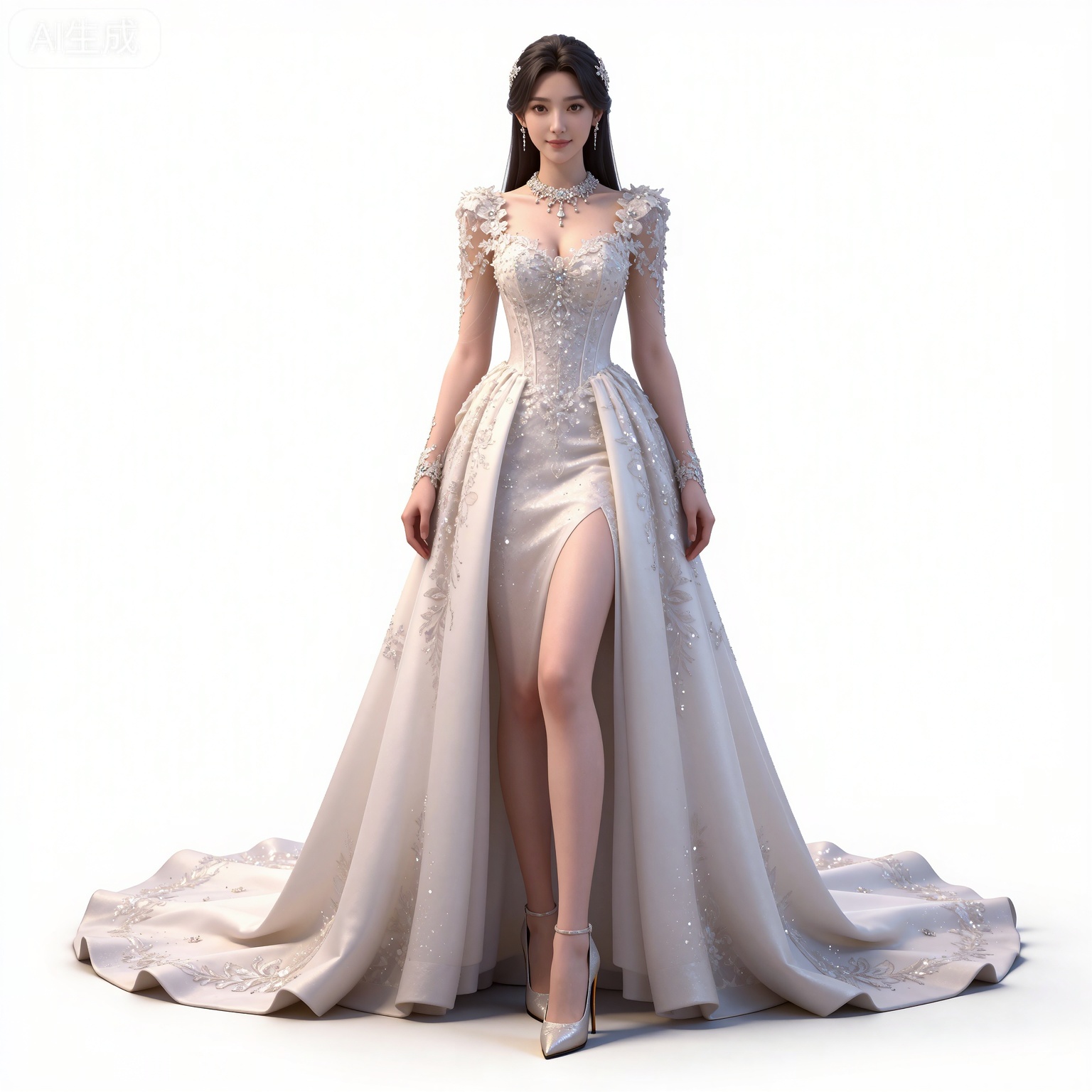 masterpiece,high quality,tall,game cg,highres,(soft light:1.2),(white_skin:0.6),(shiny_skin:0.6),(realistic:1.1),lvjing,
black hair,long hair,brown eyes,fair_skin,
mumu white dress, mumu wedding dress, mumu bridal veil, mumu long dress, mumu skirt hold, mumu see through sleeves, 1girl, solo, breasts, cleavage, white background, full body, jewelry, medium breasts, white footwear, high heels,  standing, necklace, arms at sides, simple background, looking at viewer, realistic,侧面视角,