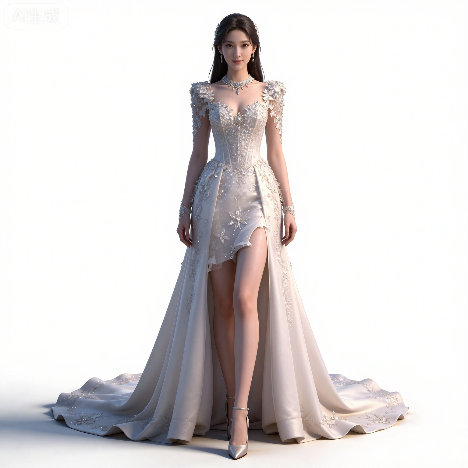 masterpiece,high quality,tall,game cg,highres,(soft light:1.2),(white_skin:0.6),(shiny_skin:0.6),(realistic:1.1),lvjing,
black hair,long hair,brown eyes,fair_skin,
mumu white dress, mumu wedding dress, mumu bridal veil, mumu long dress, mumu skirt hold, mumu see through sleeves, 1girl, solo, breasts, cleavage, white background, full body, jewelry, medium breasts, white footwear, high heels,  standing, necklace, arms at sides, simple background, looking at viewer, realistic