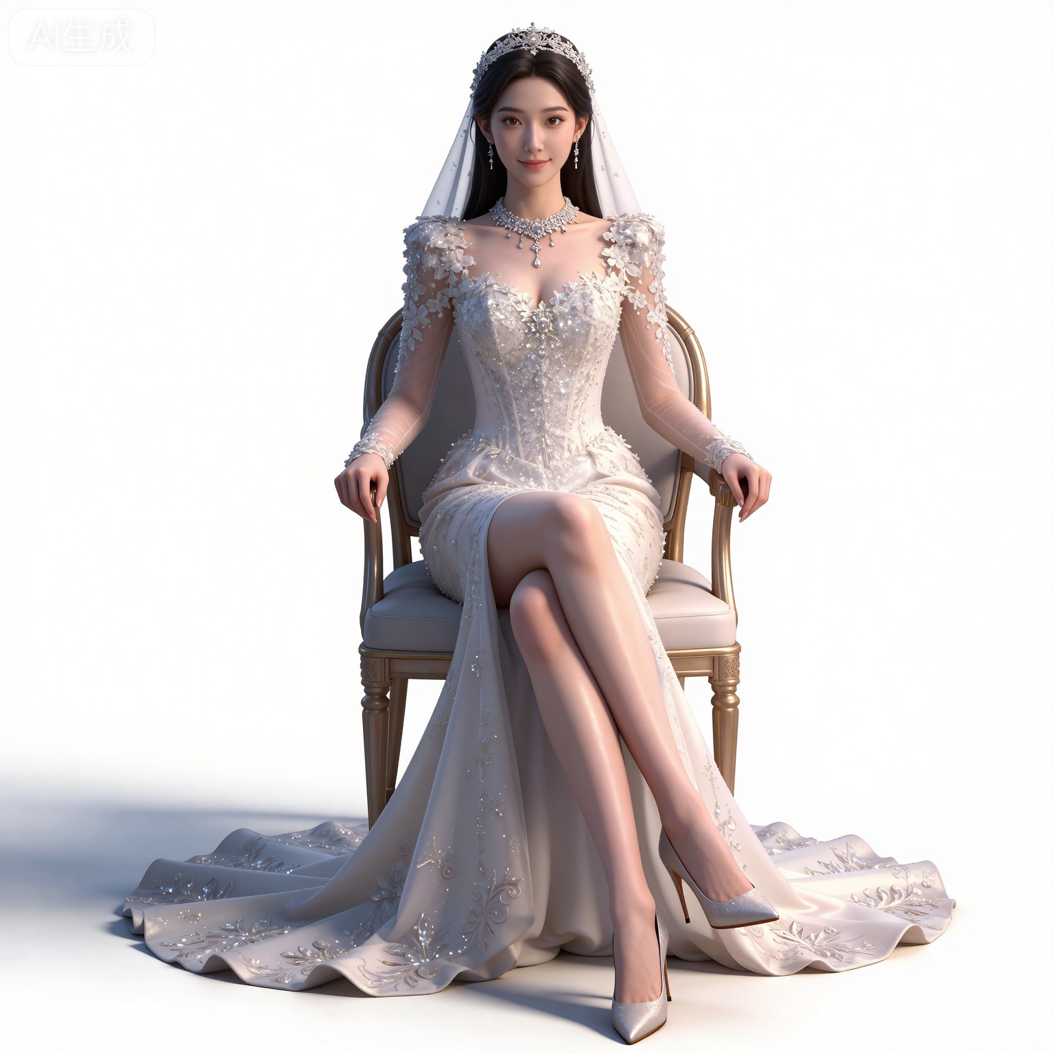 masterpiece,high quality,tall,game cg,highres,(soft light:1.2),(white_skin:0.6),(shiny_skin:0.6),(realistic:1.1),lvjing,
black hair,long hair,brown eyes,fair_skin,
mumu white dress, mumu wedding dress, mumu bridal veil, mumu long dress, mumu skirt hold, mumu see through sleeves, 1girl, solo, breasts, cleavage, white background, full body, jewelry, medium breasts, white footwear, high heels,   necklace, arms at sides, simple background, looking at viewer, realistic,坐,椅子,