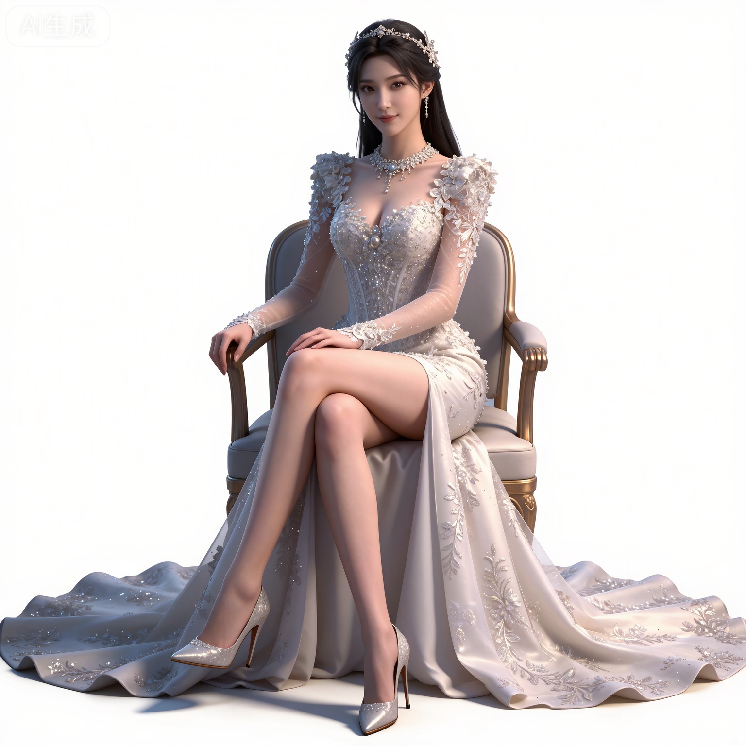 masterpiece,high quality,tall,game cg,highres,(soft light:1.2),(white_skin:0.6),(shiny_skin:0.6),(realistic:1.1),lvjing,
black hair,long hair,brown eyes,fair_skin,
mumu white dress, mumu wedding dress, mumu bridal veil, mumu long dress, mumu skirt hold, mumu see through sleeves, 1girl, solo, breasts, cleavage, white background, full body, jewelry, medium breasts, white footwear, high heels,   necklace, arms at sides, simple background, looking at viewer, realistic,坐,椅子,