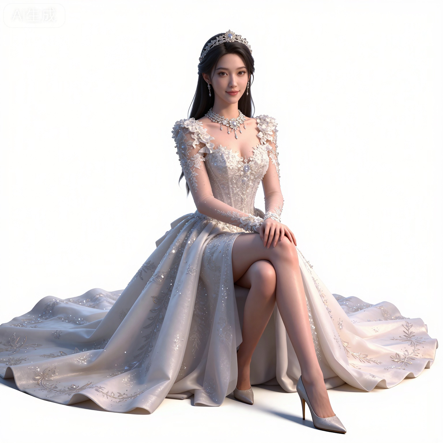 masterpiece,high quality,tall,game cg,highres,(soft light:1.2),(white_skin:0.6),(shiny_skin:0.6),(realistic:1.1),lvjing,
black hair,long hair,brown eyes,fair_skin,
mumu white dress, mumu wedding dress, mumu bridal veil, mumu long dress, mumu skirt hold, mumu see through sleeves, 1girl, solo, breasts, cleavage, white background, full body, jewelry, medium breasts, white footwear, high heels,   necklace, arms at sides, simple background, looking at viewer, realistic,坐,坐在地上,