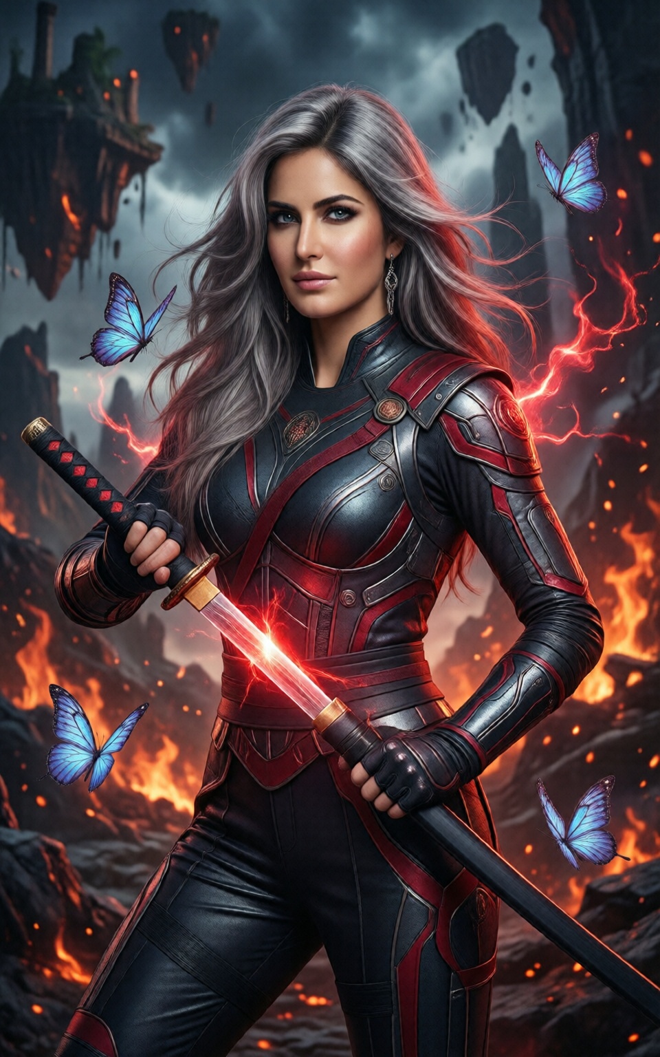 K@tr1naK@1f,  Breathtaking digital painting of a majestic silver-haired warrior girl with piercing sapphire blue eyes,  ho...