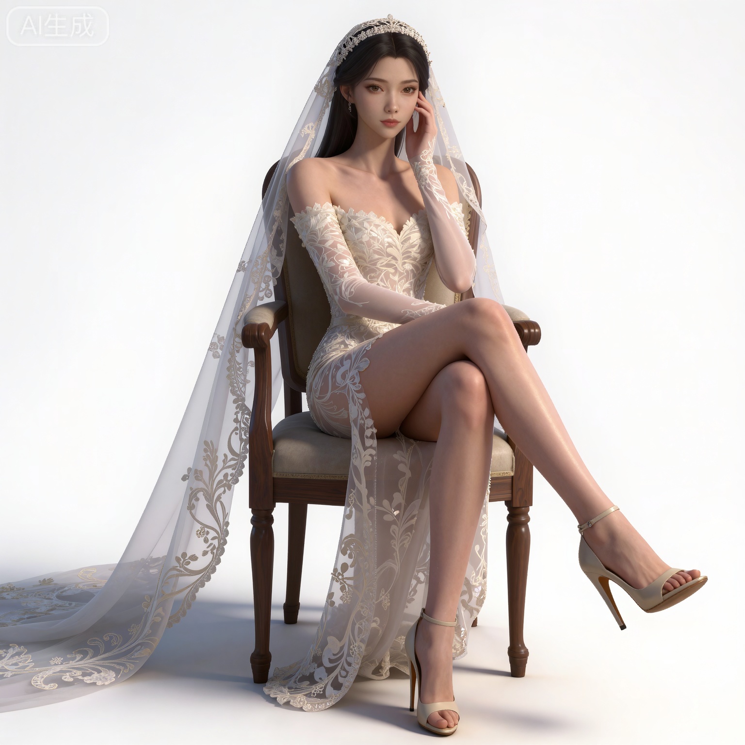 masterpiece,high quality,tall,game cg,highres,(soft light:1.2),(white_skin:0.6),(shiny_skin:0.6),(realistic:1.1),lvjing,
black hair,long hair,brown eyes,fair_skin,
mumu white wedding dress, mumu bride veil, mumu elbow gloves, mumu long dress, mumu off shoulder dress, mumu strapless dress, 1girl, solo, high heels, sitting, chair, crossed legs, realistic, white background, bare shoulders, breasts, simple background, white footwear, legs, toes, full body, collarbone, blonde hair, short hair, detached sleeves