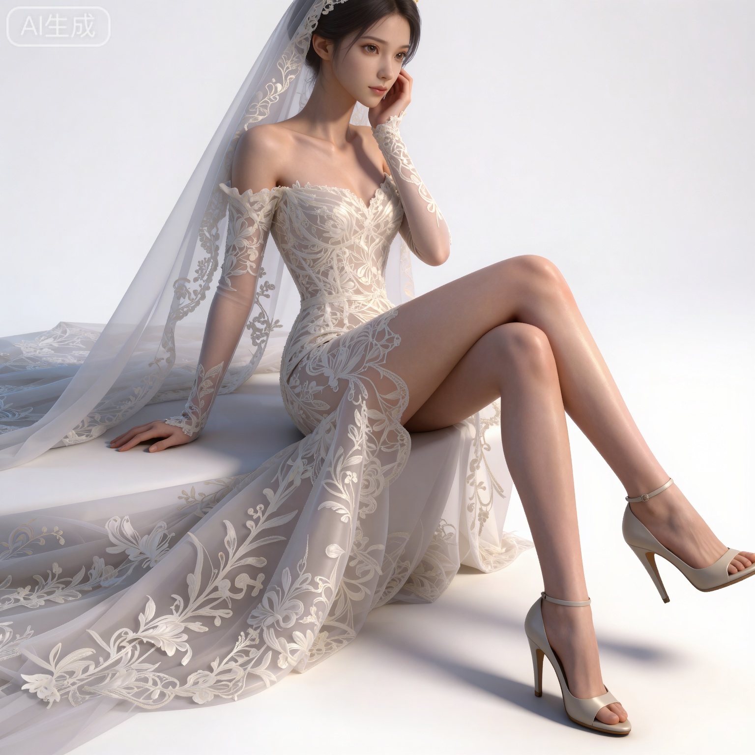 masterpiece,high quality,tall,game cg,highres,(soft light:1.2),(white_skin:0.6),(shiny_skin:0.6),(realistic:1.1),lvjing,
black hair,long hair,brown eyes,fair_skin,
mumu white wedding dress, mumu bride veil, mumu elbow gloves, mumu long dress, mumu off shoulder dress, mumu strapless dress, 1girl, solo, high heels, crossed legs, realistic, white background, bare shoulders, breasts, simple background, white footwear, legs, toes, full body, collarbone, blonde hair, short hair, detached sleeves,躺在地上,