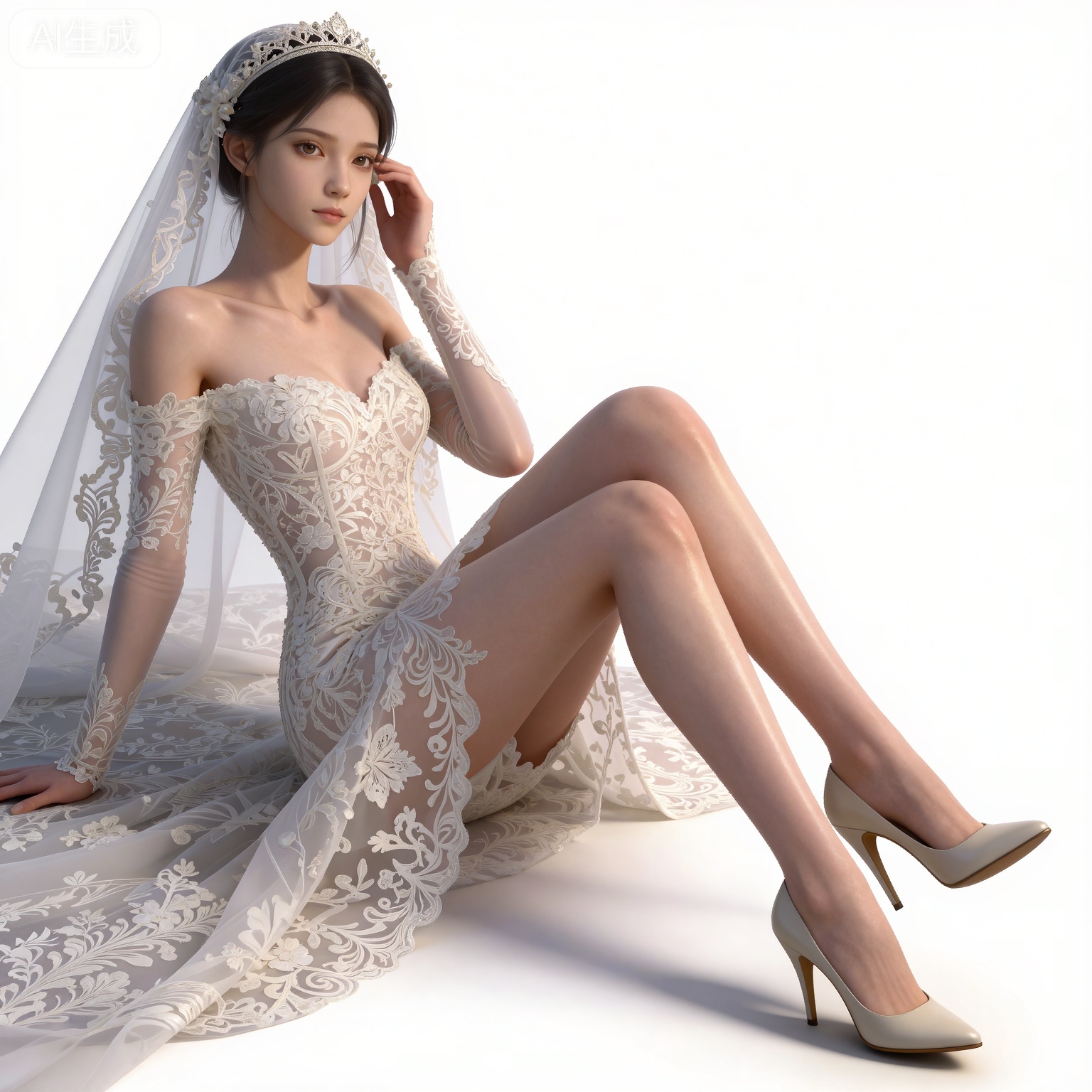 masterpiece,high quality,tall,game cg,highres,(soft light:1.2),(white_skin:0.6),(shiny_skin:0.6),(realistic:1.1),lvjing,
black hair,long hair,brown eyes,fair_skin,
mumu white wedding dress, mumu bride veil, mumu elbow gloves, mumu long dress, mumu off shoulder dress, mumu strapless dress, 1girl, solo, high heels, crossed legs, realistic, white background, bare shoulders, breasts, simple background, white footwear, legs, toes, full body, collarbone, blonde hair, short hair, detached sleeves,躺在地上,