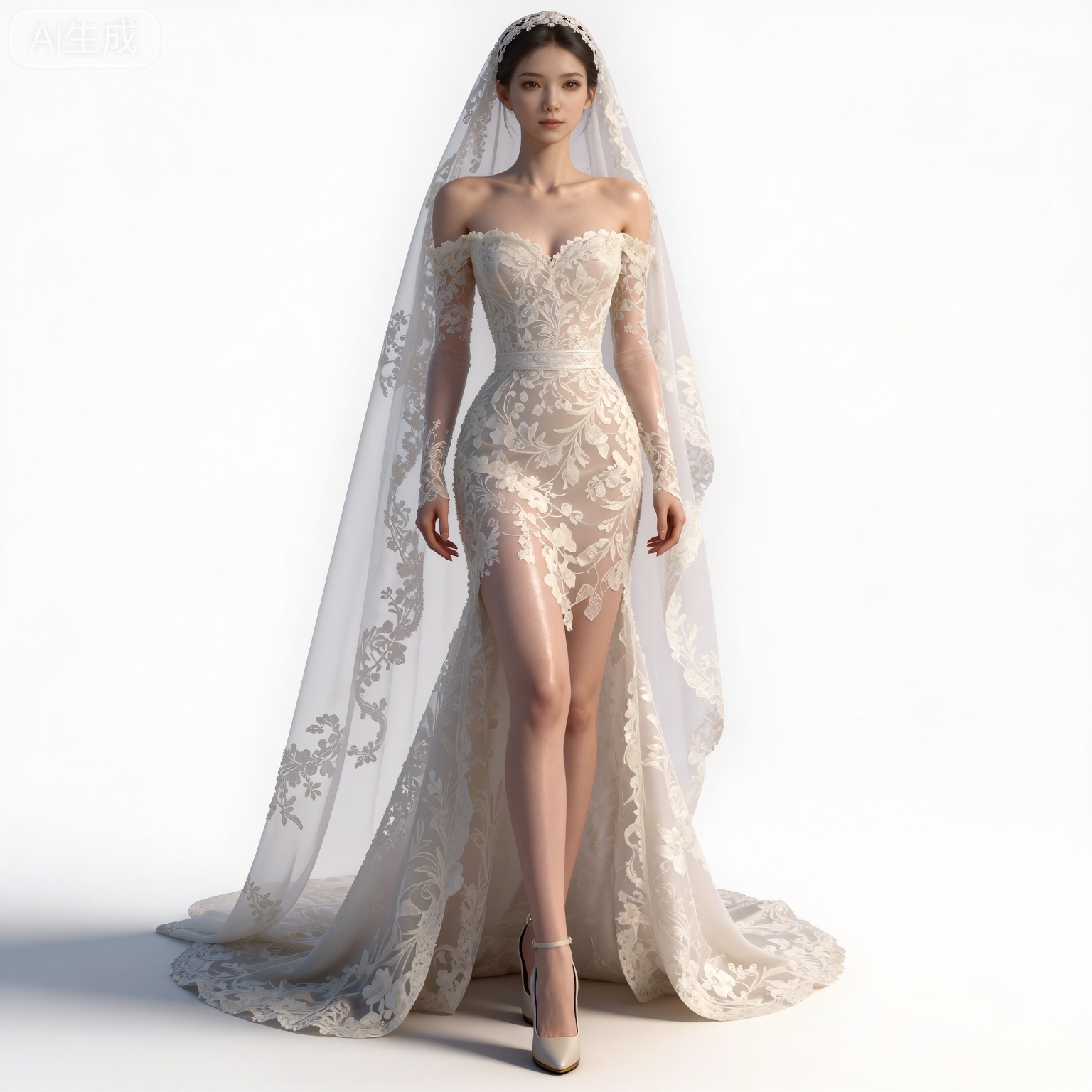 masterpiece,high quality,tall,game cg,highres,(soft light:1.2),(white_skin:0.6),(shiny_skin:0.6),(realistic:1.1),lvjing,
black hair,long hair,brown eyes,fair_skin,
mumu white wedding dress, mumu bride veil, mumu elbow gloves, mumu long dress, mumu off shoulder dress, mumu strapless dress, 1girl, solo, high heels, crossed legs, realistic, white background, bare shoulders, breasts, simple background, white footwear, legs, toes, full body, collarbone, blonde hair, short hair, detached sleeves,站立,正面视角,