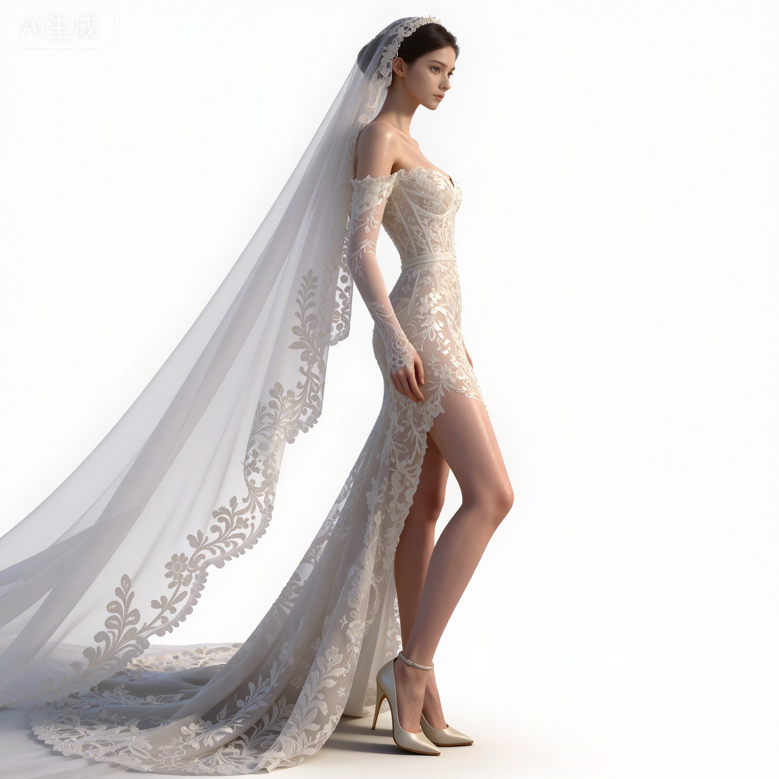 masterpiece,high quality,tall,game cg,highres,(soft light:1.2),(white_skin:0.6),(shiny_skin:0.6),(realistic:1.1),lvjing,
black hair,long hair,brown eyes,fair_skin,
mumu white wedding dress, mumu bride veil, mumu elbow gloves, mumu long dress, mumu off shoulder dress, mumu strapless dress, 1girl, solo, high heels, crossed legs, realistic, white background, bare shoulders, breasts, simple background, white footwear, legs, toes, full body, collarbone, blonde hair, short hair, detached sleeves,站立,侧面视角,
