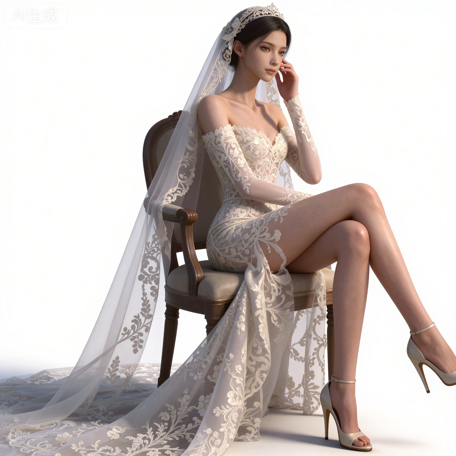 masterpiece,high quality,tall,game cg,highres,(soft light:1.2),(white_skin:0.6),(shiny_skin:0.6),(realistic:1.1),lvjing,
black hair,long hair,brown eyes,fair_skin,
mumu white wedding dress, mumu bride veil, mumu elbow gloves, mumu long dress, mumu off shoulder dress, mumu strapless dress, 1girl, solo, high heels, sitting, chair, crossed legs, realistic, white background, bare shoulders, breasts, simple background, white footwear, legs, toes, full body, collarbone, blonde hair, short hair, detached sleeves