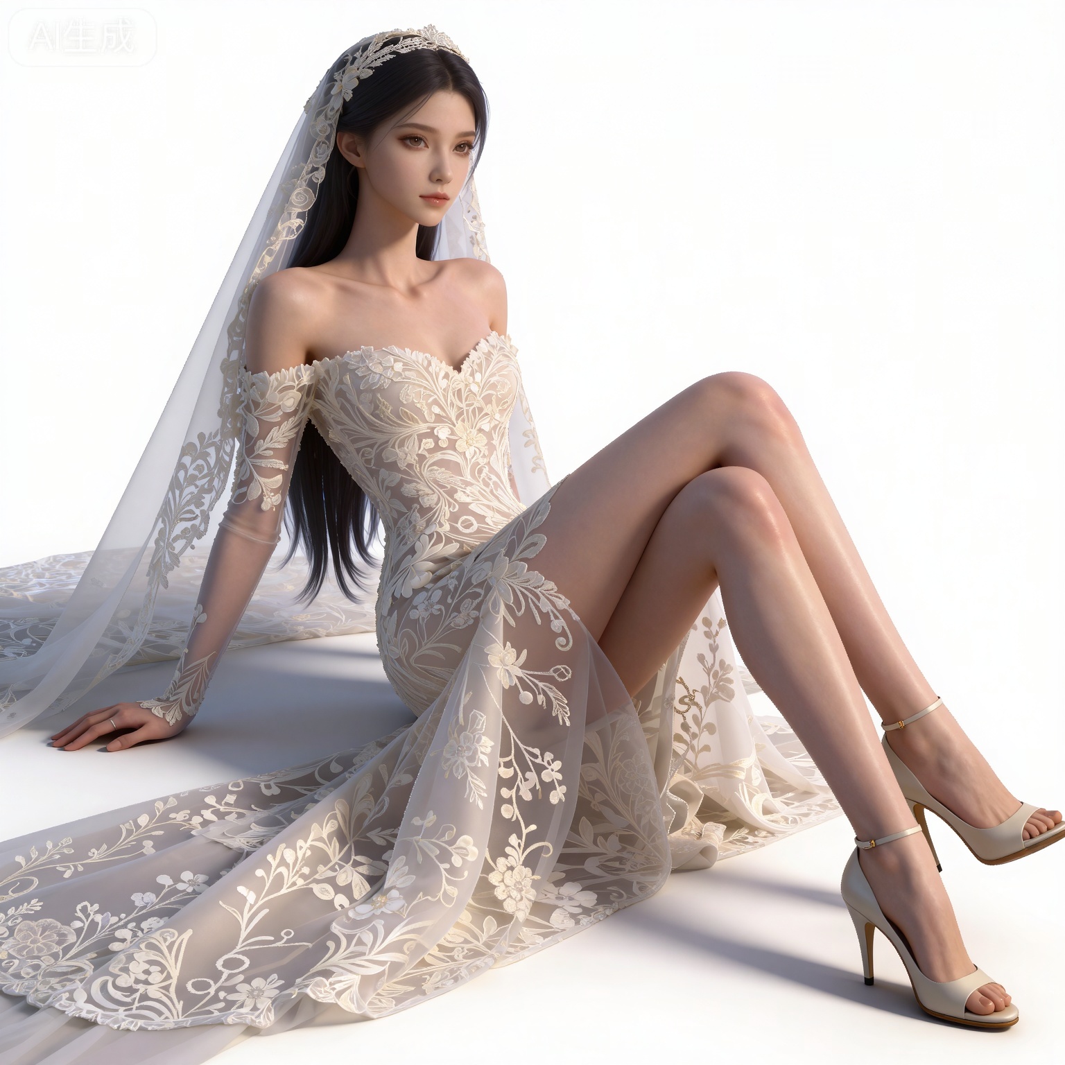 masterpiece,high quality,tall,game cg,highres,(soft light:1.2),(white_skin:0.6),(shiny_skin:0.6),(realistic:1.1),lvjing,
black hair,long hair,brown eyes,fair_skin,
mumu white wedding dress, mumu bride veil, mumu elbow gloves, mumu long dress, mumu off shoulder dress, mumu strapless dress, 1girl, solo, high heels, crossed legs, realistic, white background, bare shoulders, breasts, simple background, white footwear, legs, toes, full body, collarbone, blonde hair, short hair, detached sleeves,躺在地上,