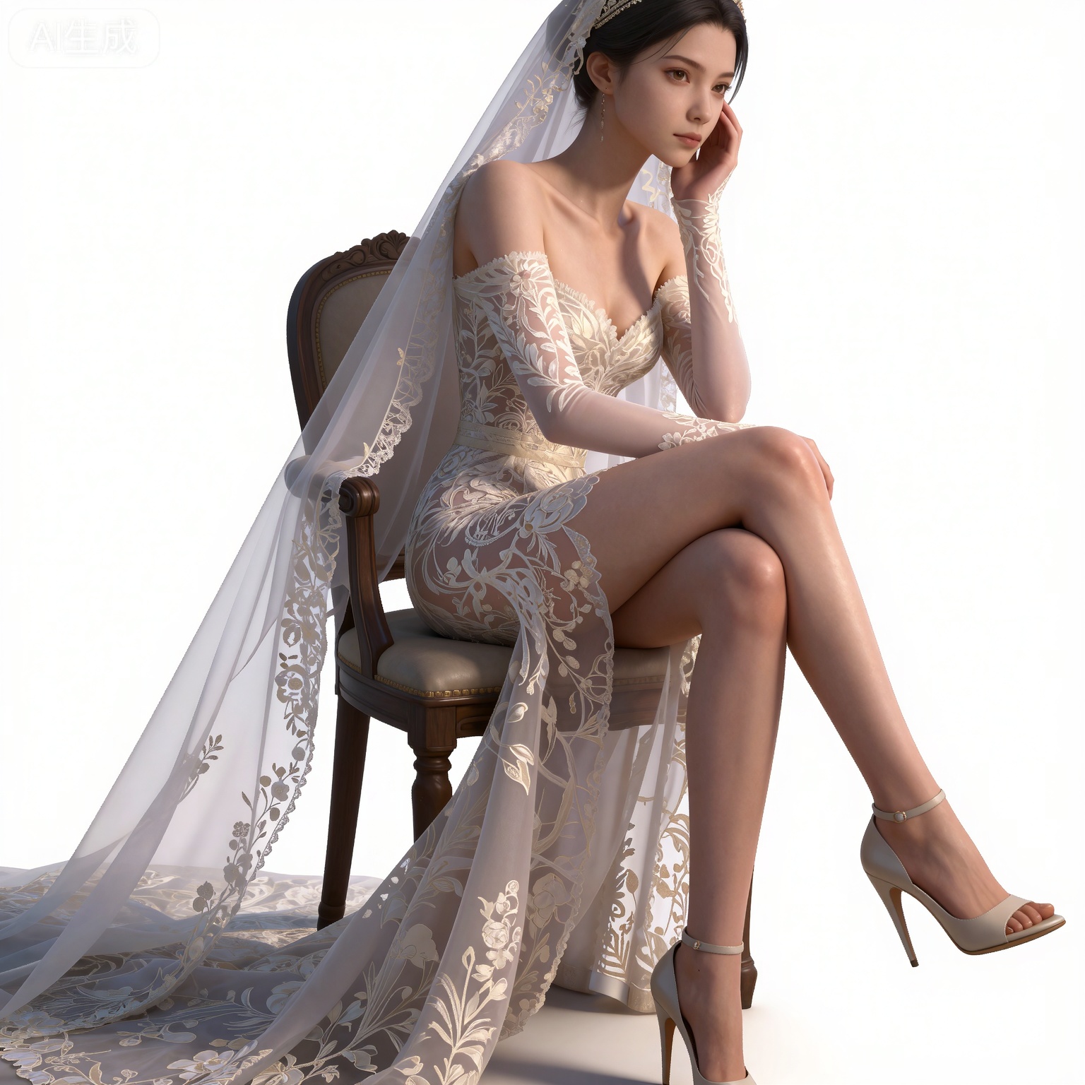 masterpiece,high quality,tall,game cg,highres,(soft light:1.2),(white_skin:0.6),(shiny_skin:0.6),(realistic:1.1),lvjing,
black hair,long hair,brown eyes,fair_skin,
mumu white wedding dress, mumu bride veil, mumu elbow gloves, mumu long dress, mumu off shoulder dress, mumu strapless dress, 1girl, solo, high heels, sitting, chair, crossed legs, realistic, white background, bare shoulders, breasts, simple background, white footwear, legs, toes, full body, collarbone, blonde hair, short hair, detached sleeves