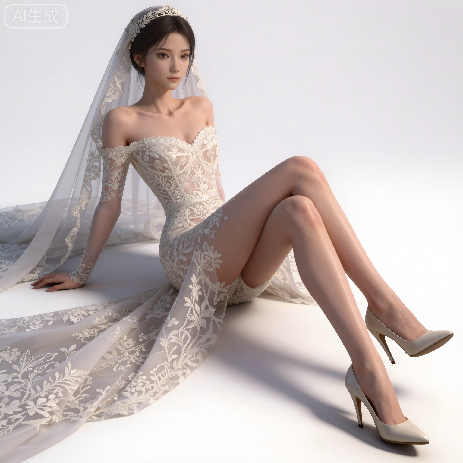 masterpiece,high quality,tall,game cg,highres,(soft light:1.2),(white_skin:0.6),(shiny_skin:0.6),(realistic:1.1),lvjing,
black hair,long hair,brown eyes,fair_skin,
mumu white wedding dress, mumu bride veil, mumu elbow gloves, mumu long dress, mumu off shoulder dress, mumu strapless dress, 1girl, solo, high heels, crossed legs, realistic, white background, bare shoulders, breasts, simple background, white footwear, legs, toes, full body, collarbone, blonde hair, short hair, detached sleeves,躺在地上,