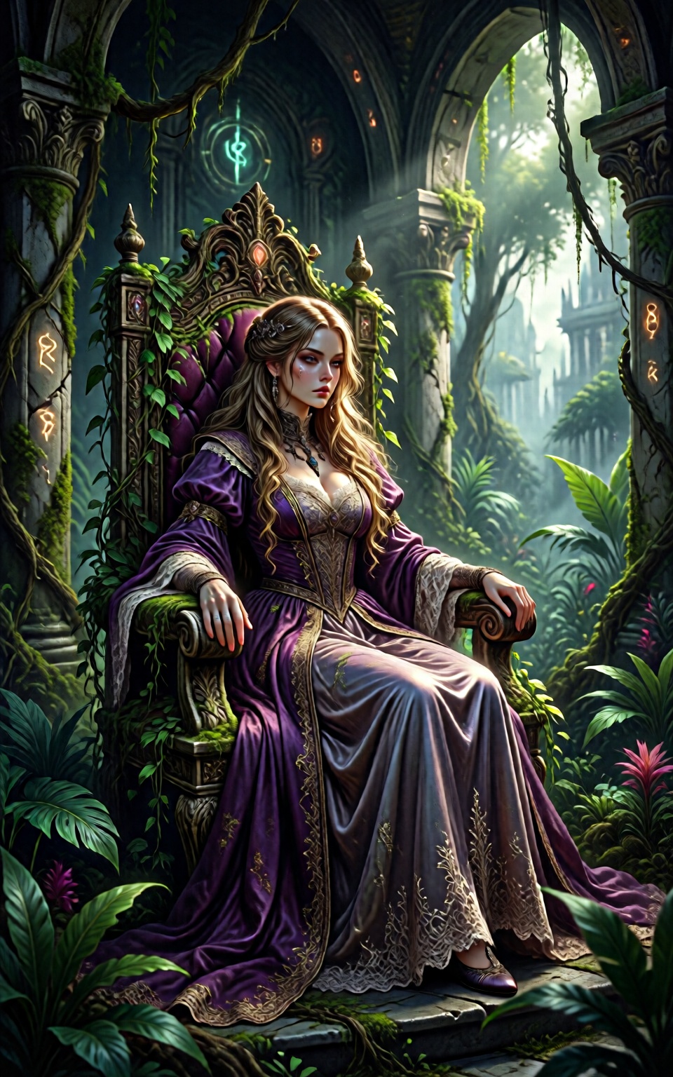 Hyp3rAn1me,  Amid vines strangling the ruins of a once-majestic palace,  an elegant noblewoman presides over a throne half...
