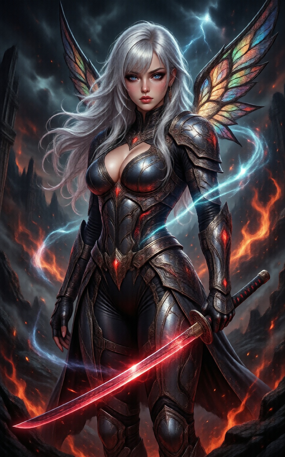 Hyp3rAn1me,  Breathtaking digital painting of a majestic silver-haired warrior girl with piercing sapphire blue eyes,  hou...
